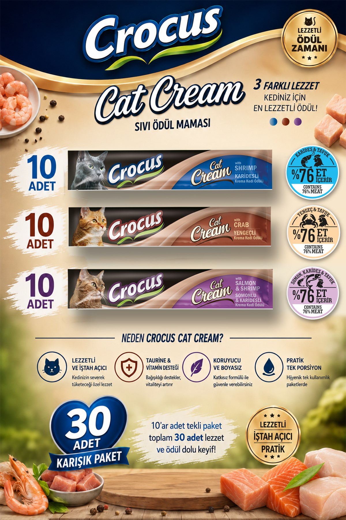 Crocus Çoklu Somon Karides & Karides & Yengeç Kedi Ödülü 30x15gr