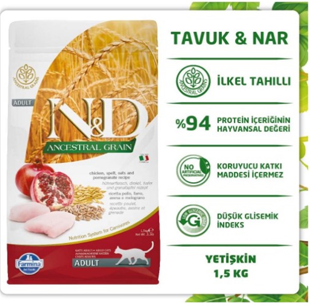 N&D Düşük Tahıllı Tavuk & Narlı Yetişkin Kedi Maması 1,5 Kg