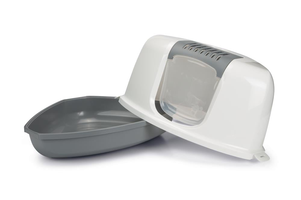 Beeztees Kapalı Köşe Kedi Tuvaleti, Koku Filtreli, Gri Beyaz, 58x45x40cm