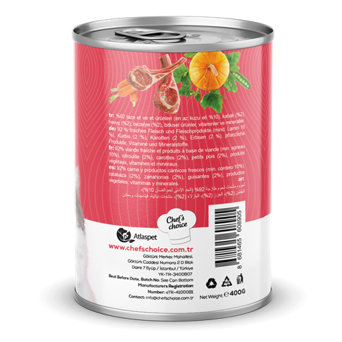 Chefs Choice Yetişkin Kediler İçin, Tahılsız, Hipoalerjenik, Kuzu Etli, Balkabaklı, Bezelyeli Ve Havuçlu Ezme 12x400 gr