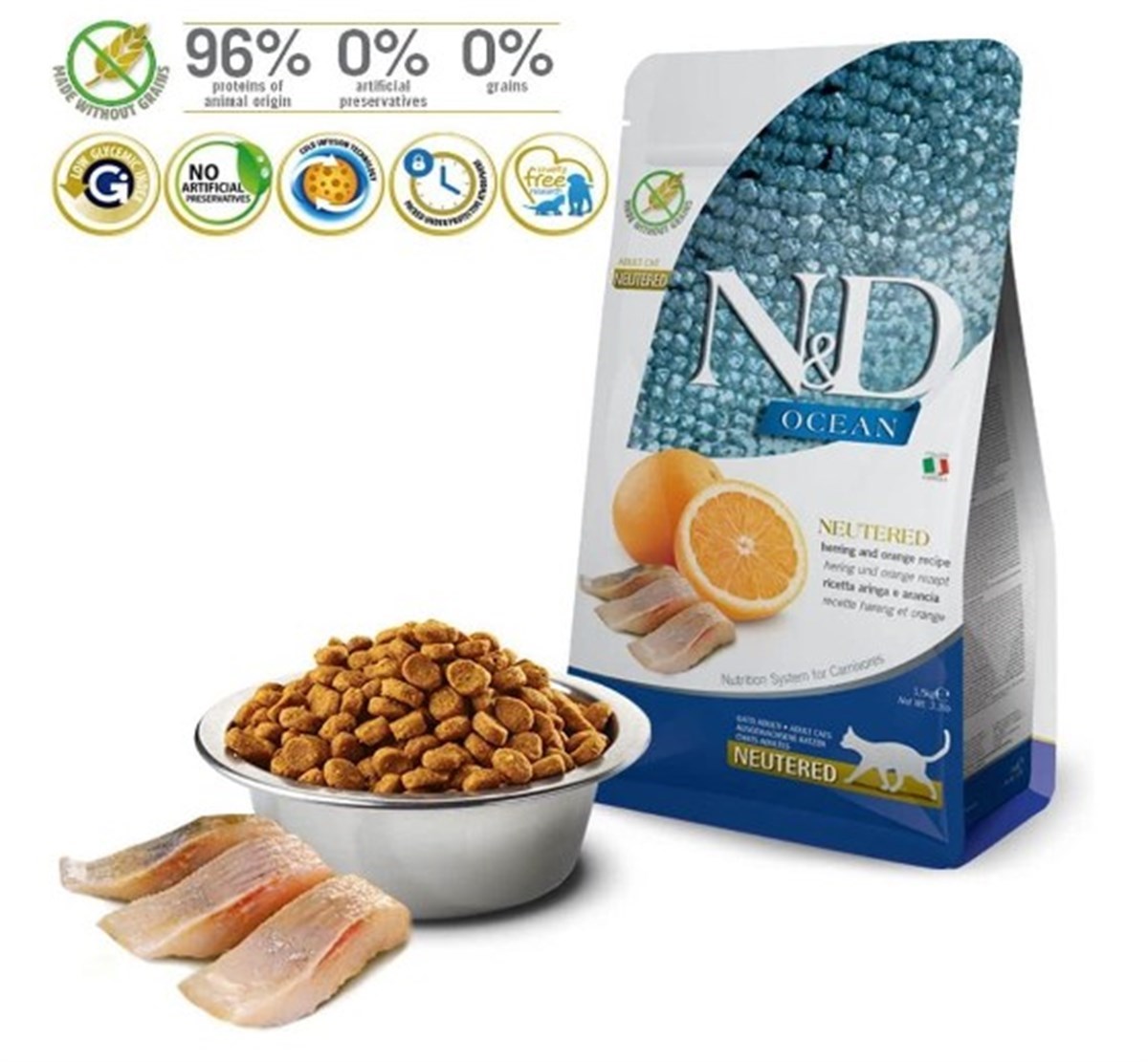 N&D Ocean Ringa Balık&Portakal Tahılsız Kısırlaştırılmış Kedi Maması 1,5 Kg