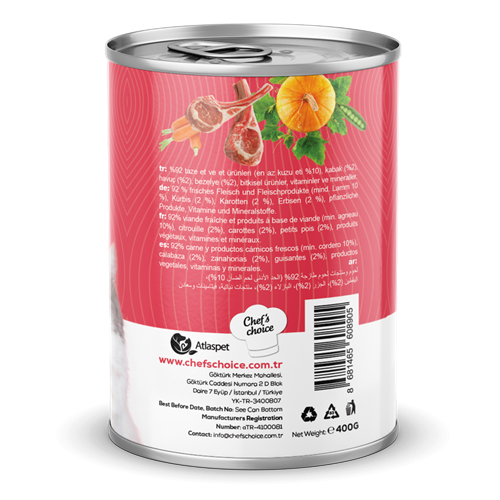 Chefs Choice Yetişkin Kediler İçin, Tahılsız, Hipoalerjenik, Kuzu Etli, Balkabaklı, Bezelyeli Ve Havuçlu Ezme 12x400 gr
