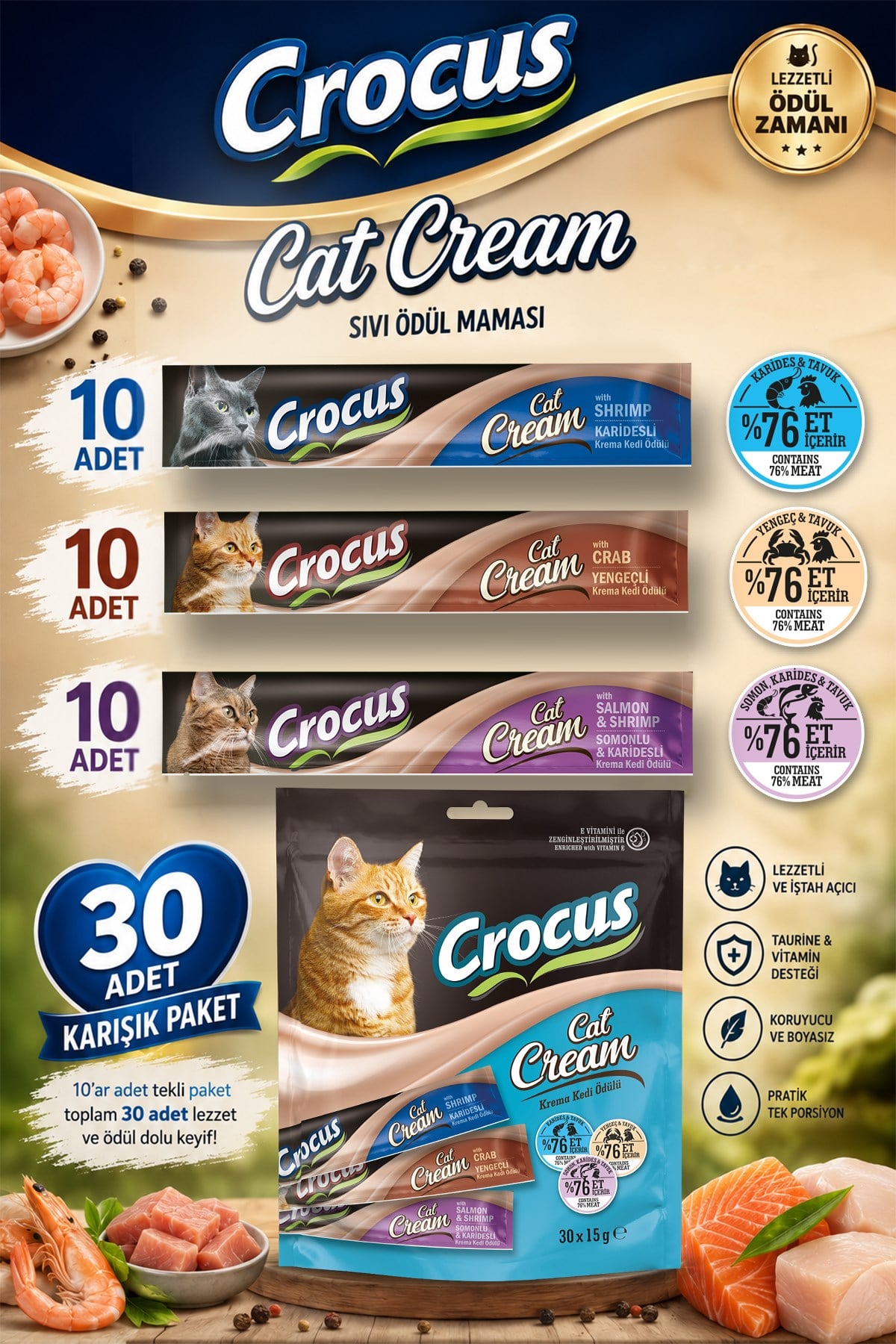 Crocus Çoklu Somon Karides & Karides & Yengeç Kedi Ödülü 30x15gr