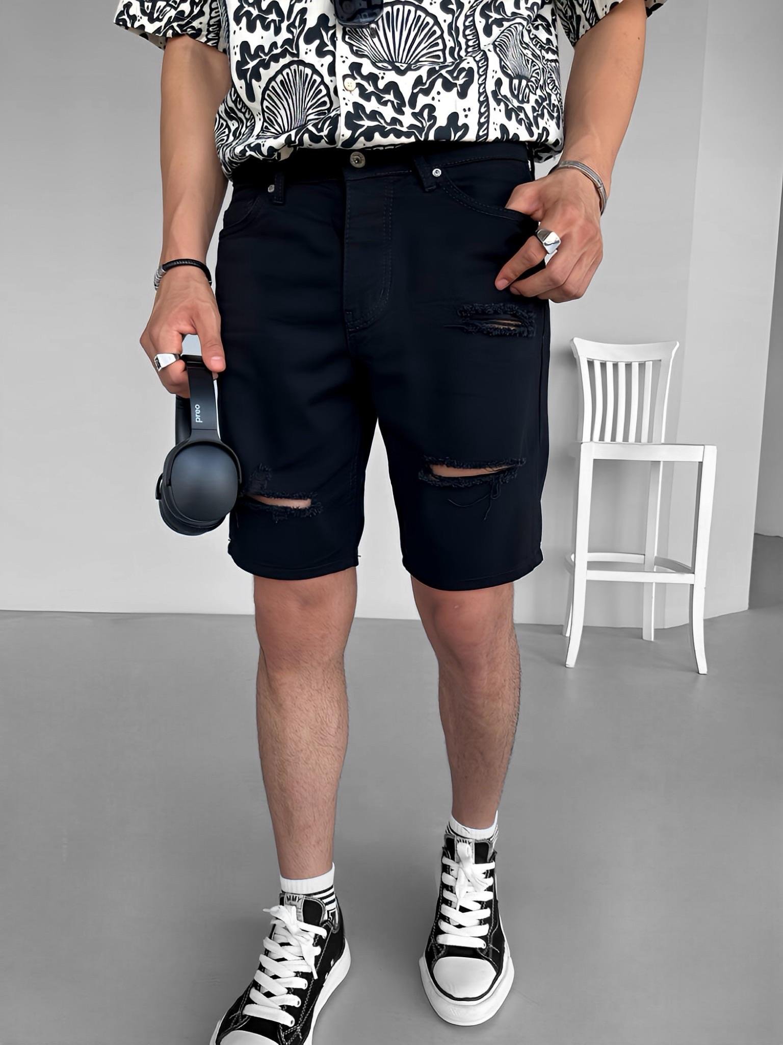 Baggy Distressed Jean Şort Siyah