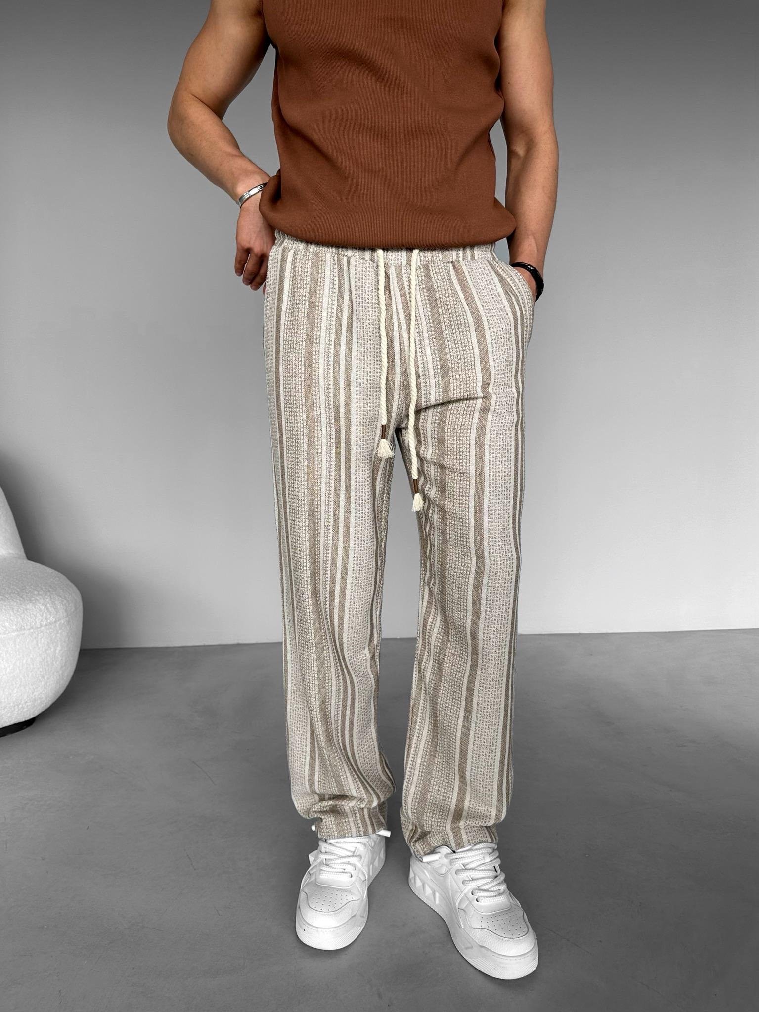 Baggy Fit Çizgili Örme Pantolon Açık Kahve