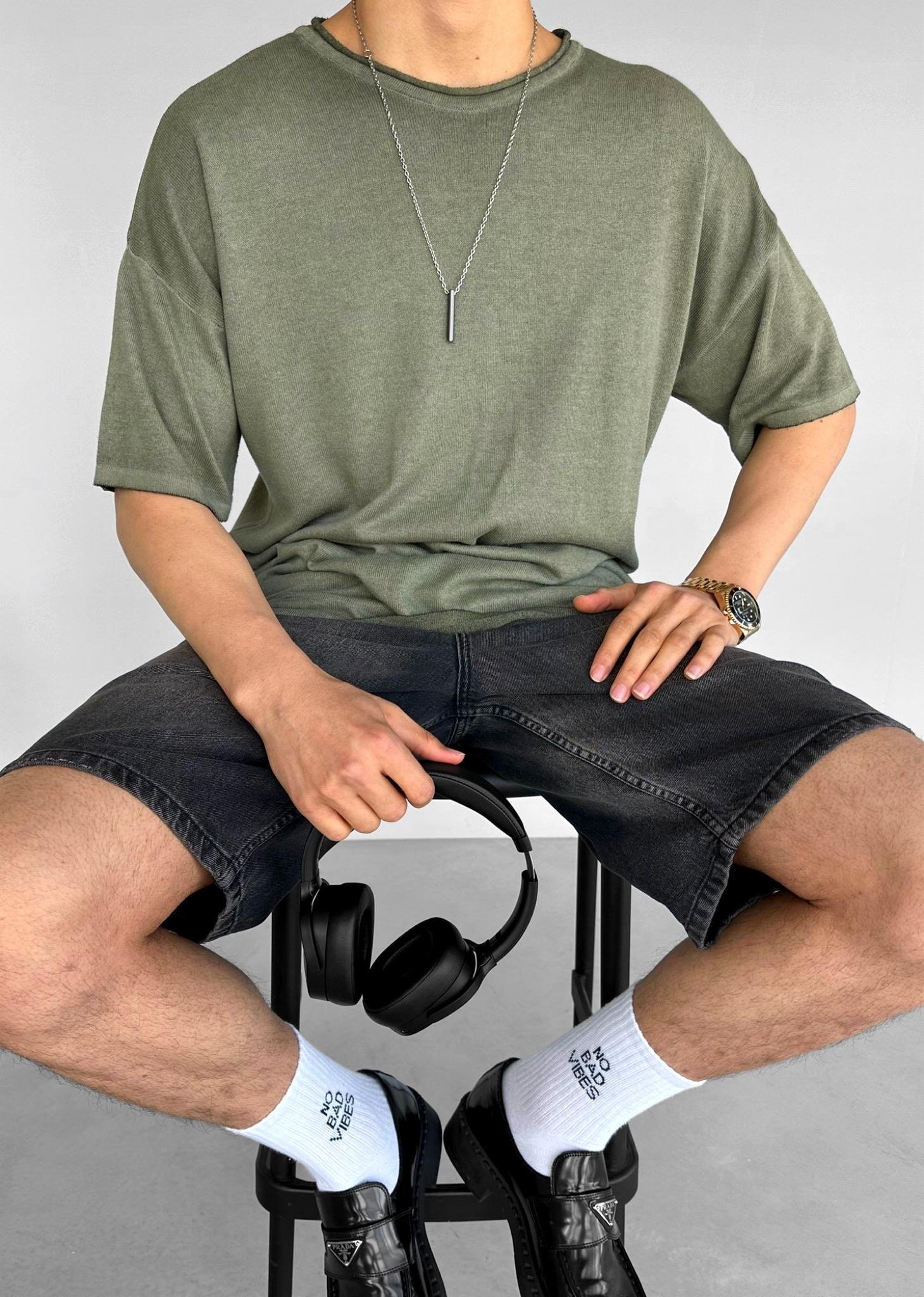 Baggy Fit Yıkamalı Jean Şort Siyah