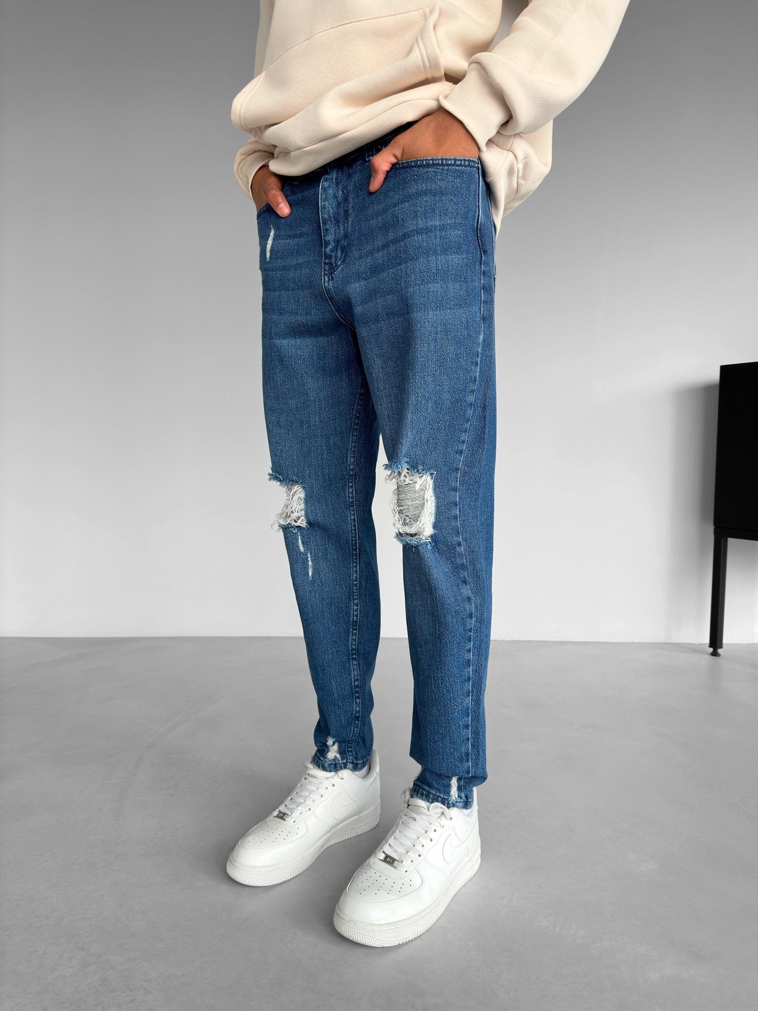 Boyfriend Kalıp Yırtık Jean Pantolon Koyu Mavi