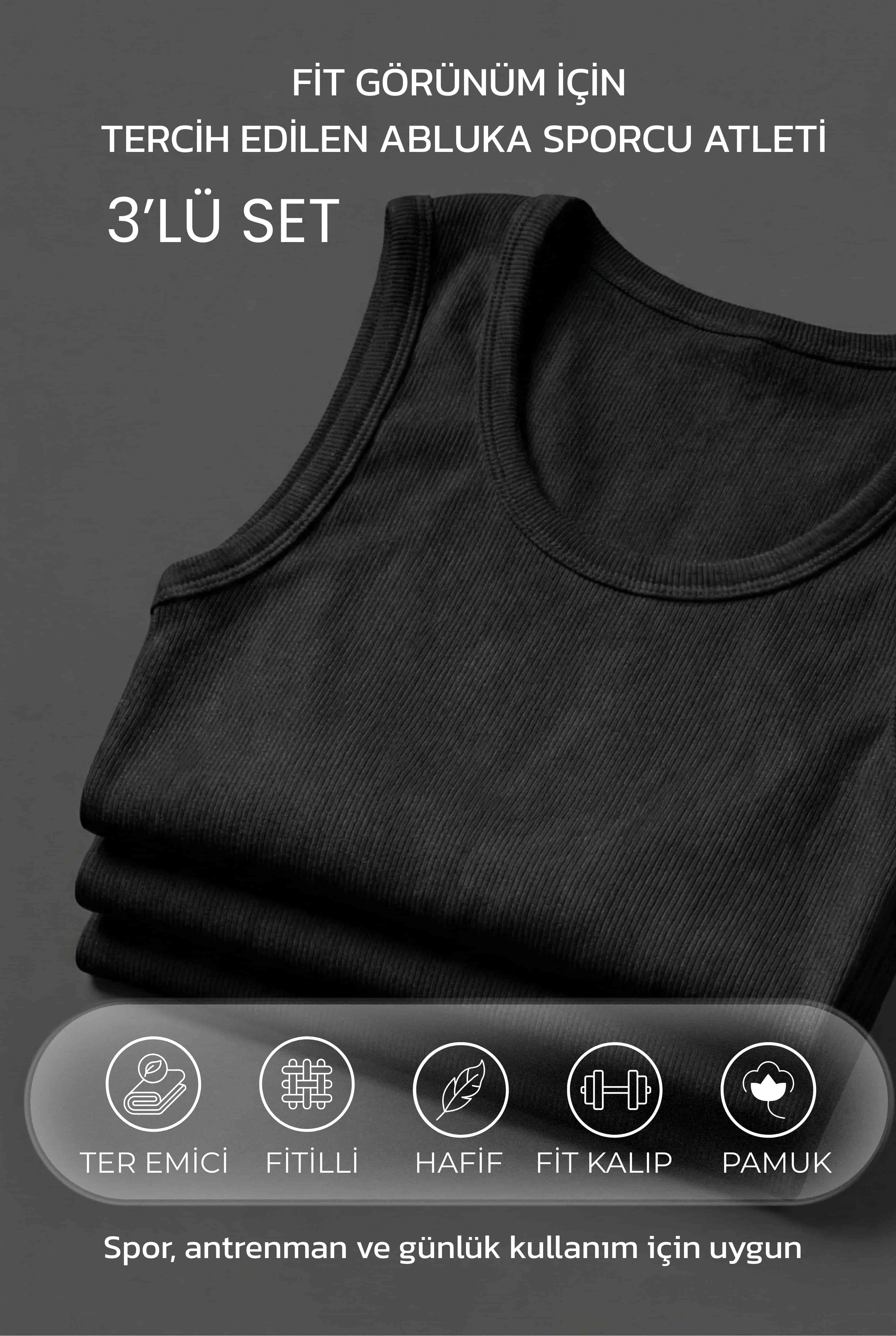 Erkek %100 Pamuklu Basic Fitilli Sporcu Atlet 3'lu Set Siyah