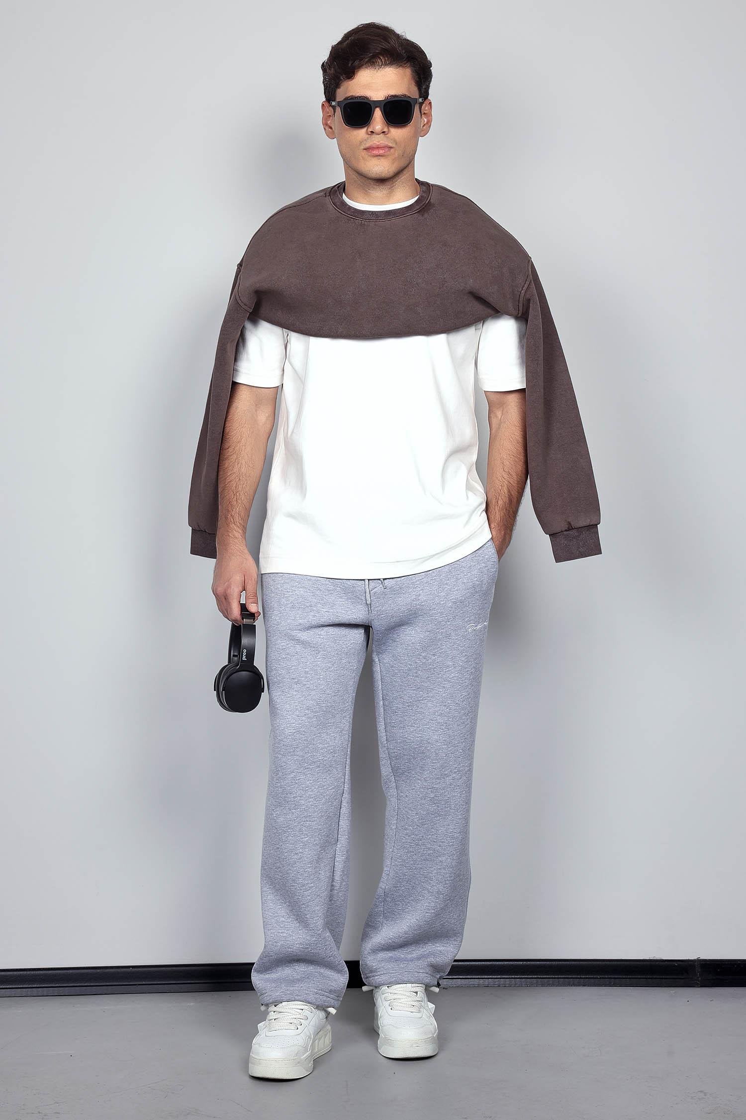 Erkek Ayarlanabilir Paça Lastikli Basic Baggy Fit Eşofman Gri