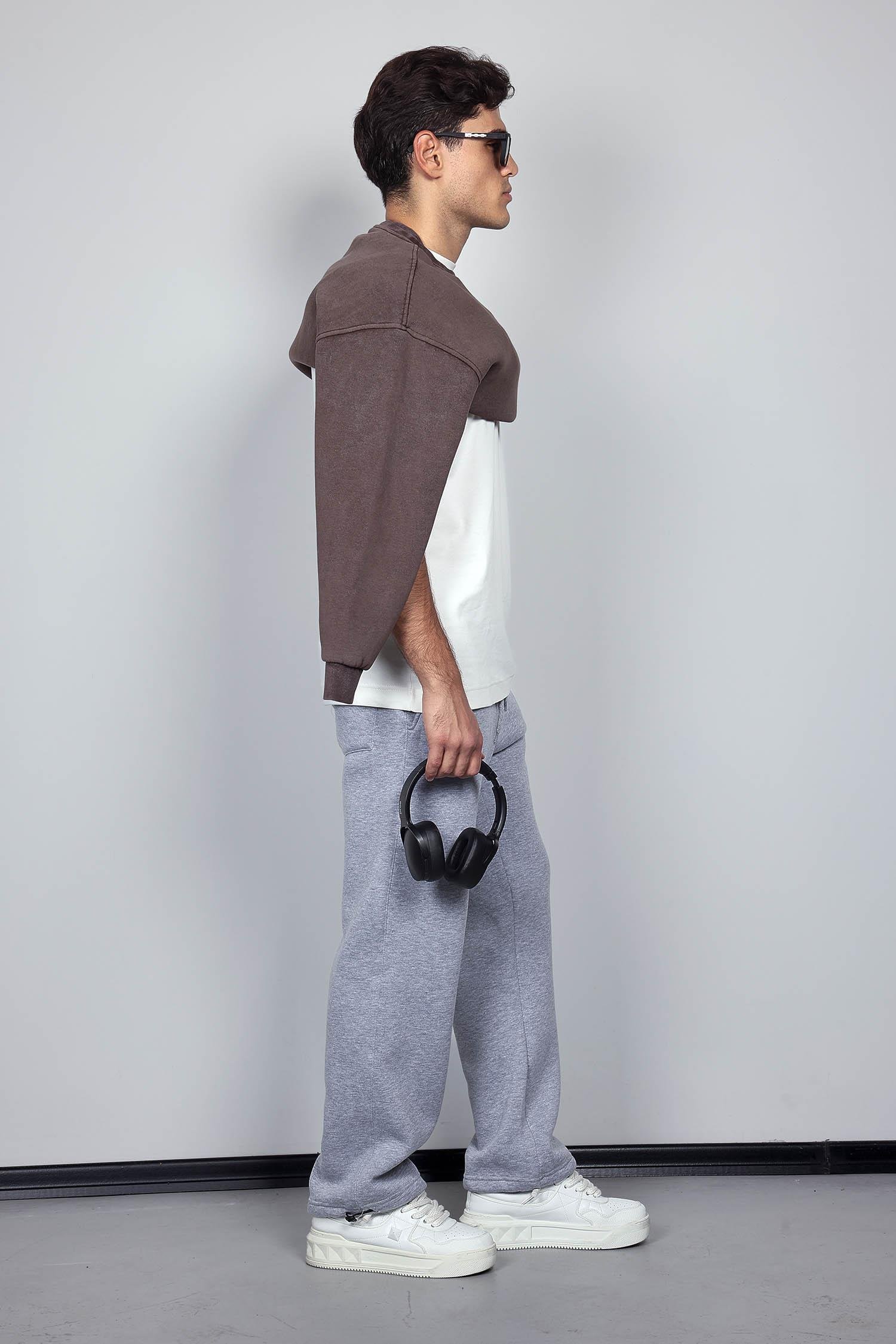 Erkek Ayarlanabilir Paça Lastikli Basic Baggy Fit Eşofman Gri