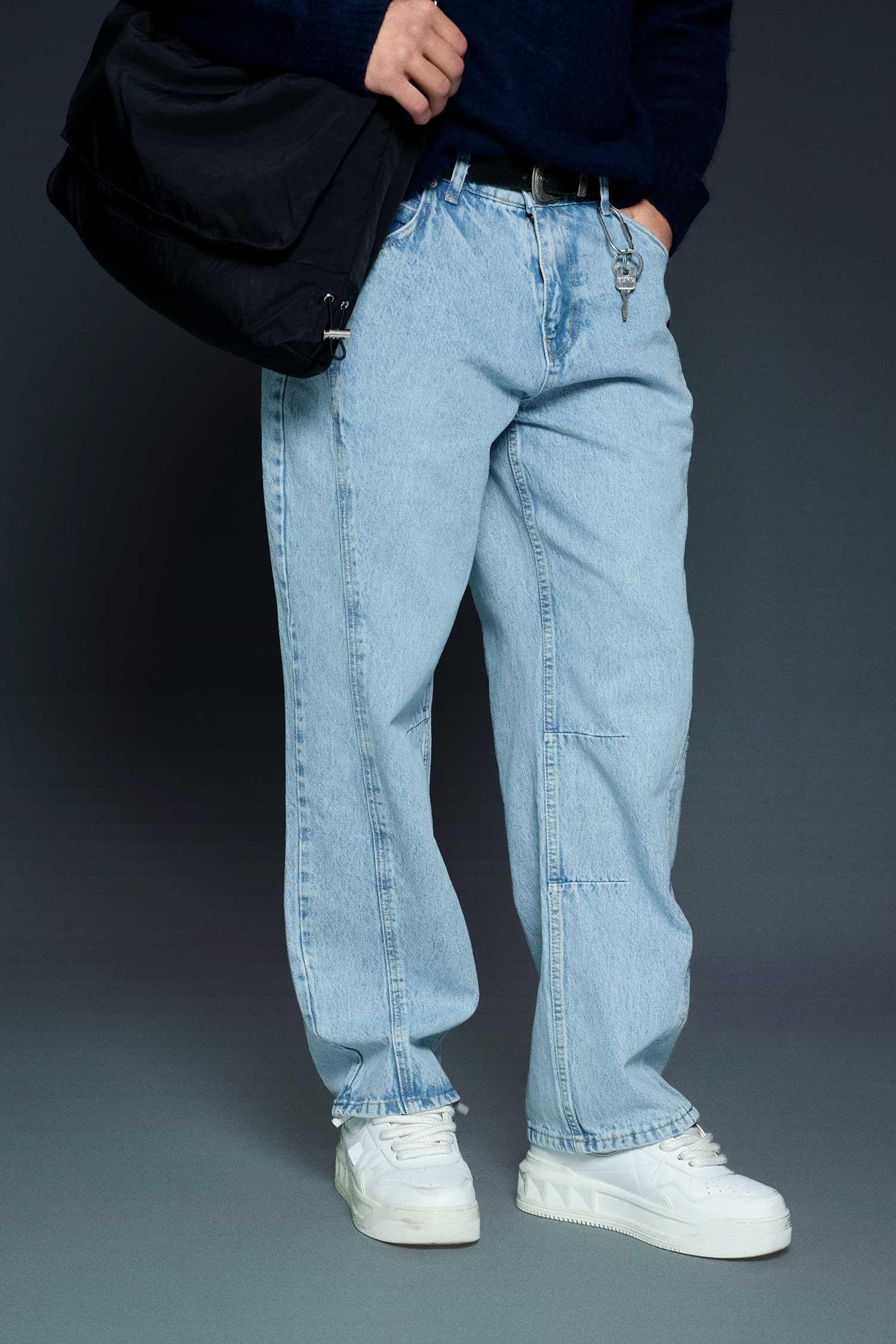 Erkek Baggy Fit Dikiş Detaylı Jean Pantolon Açık Mavi