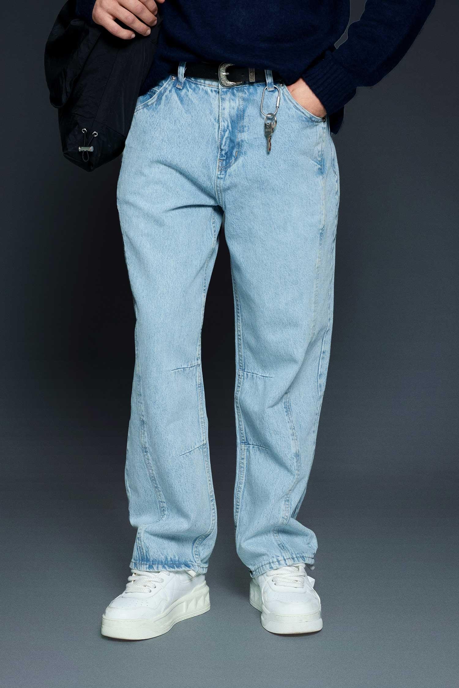 Erkek Baggy Fit Dikiş Detaylı Jean Pantolon Açık Mavi
