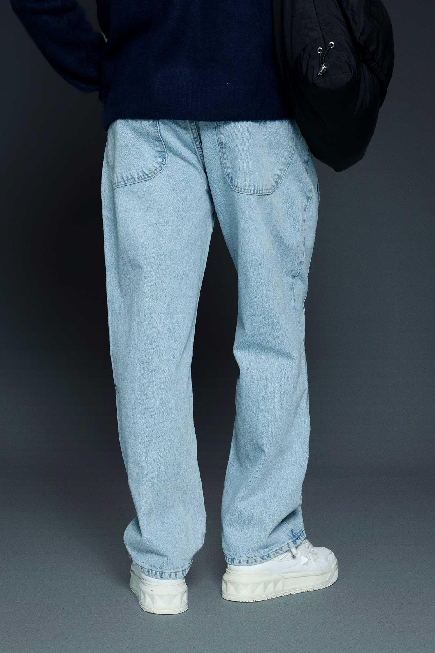 Erkek Baggy Fit Dikiş Detaylı Jean Pantolon Açık Mavi