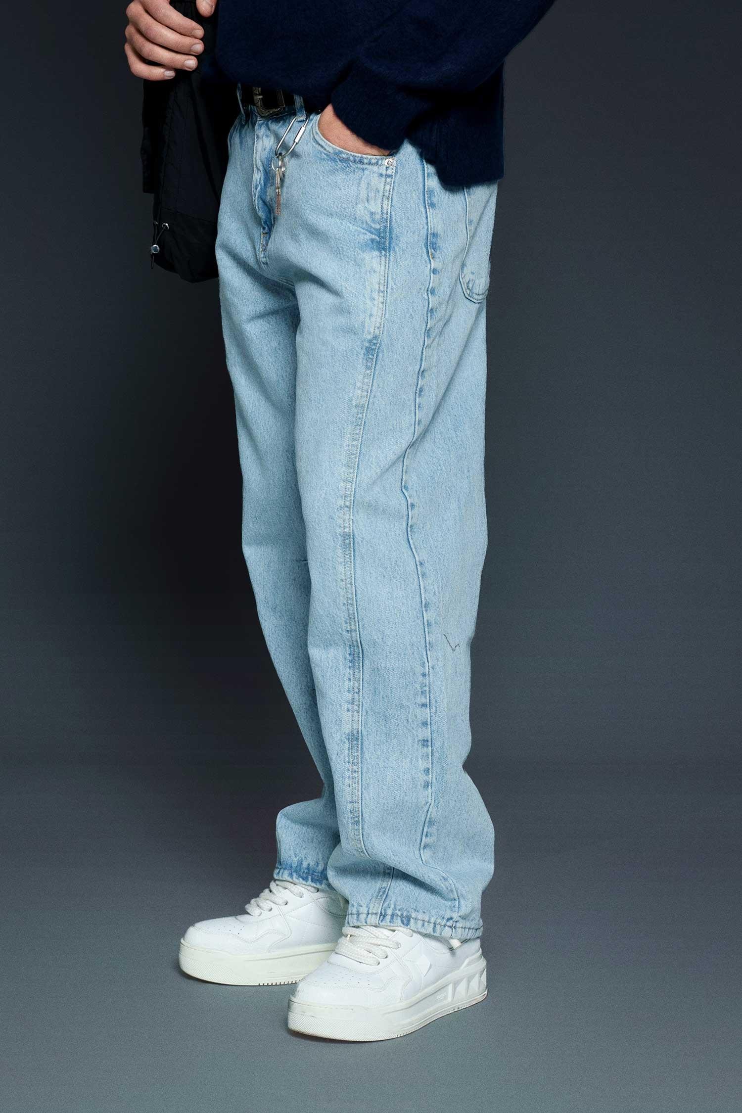 Erkek Baggy Fit Dikiş Detaylı Jean Pantolon Açık Mavi