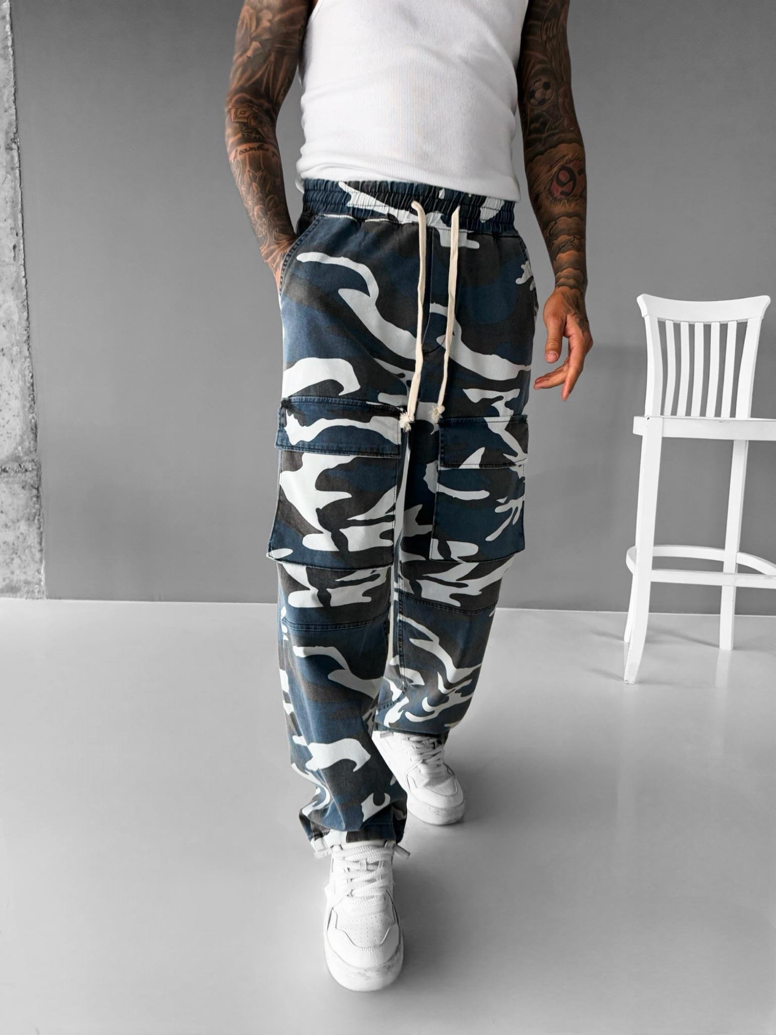 Erkek Baggy Fit Kamuflaj Kargo Pantolon Mavi