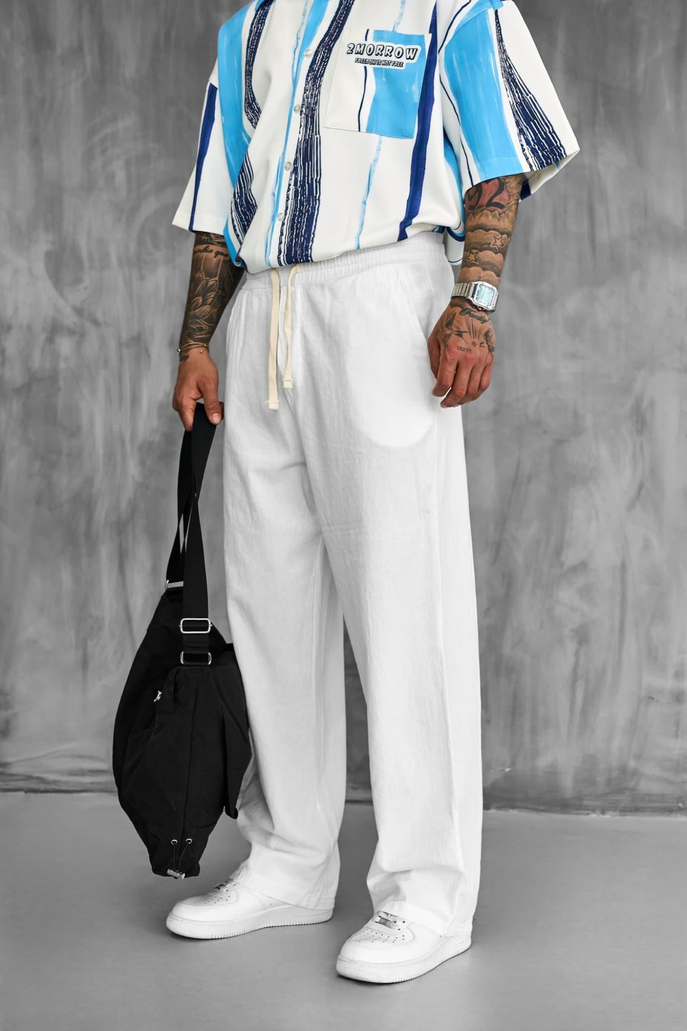 Erkek Baggy Fit Keten Görünümlü Pantolon Beyaz