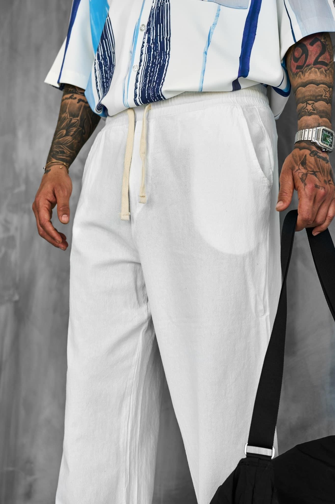 Erkek Baggy Fit Keten Görünümlü Pantolon Beyaz