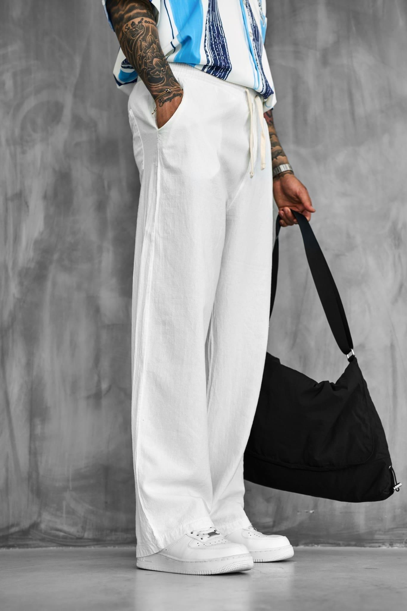 Erkek Baggy Fit Keten Görünümlü Pantolon Beyaz