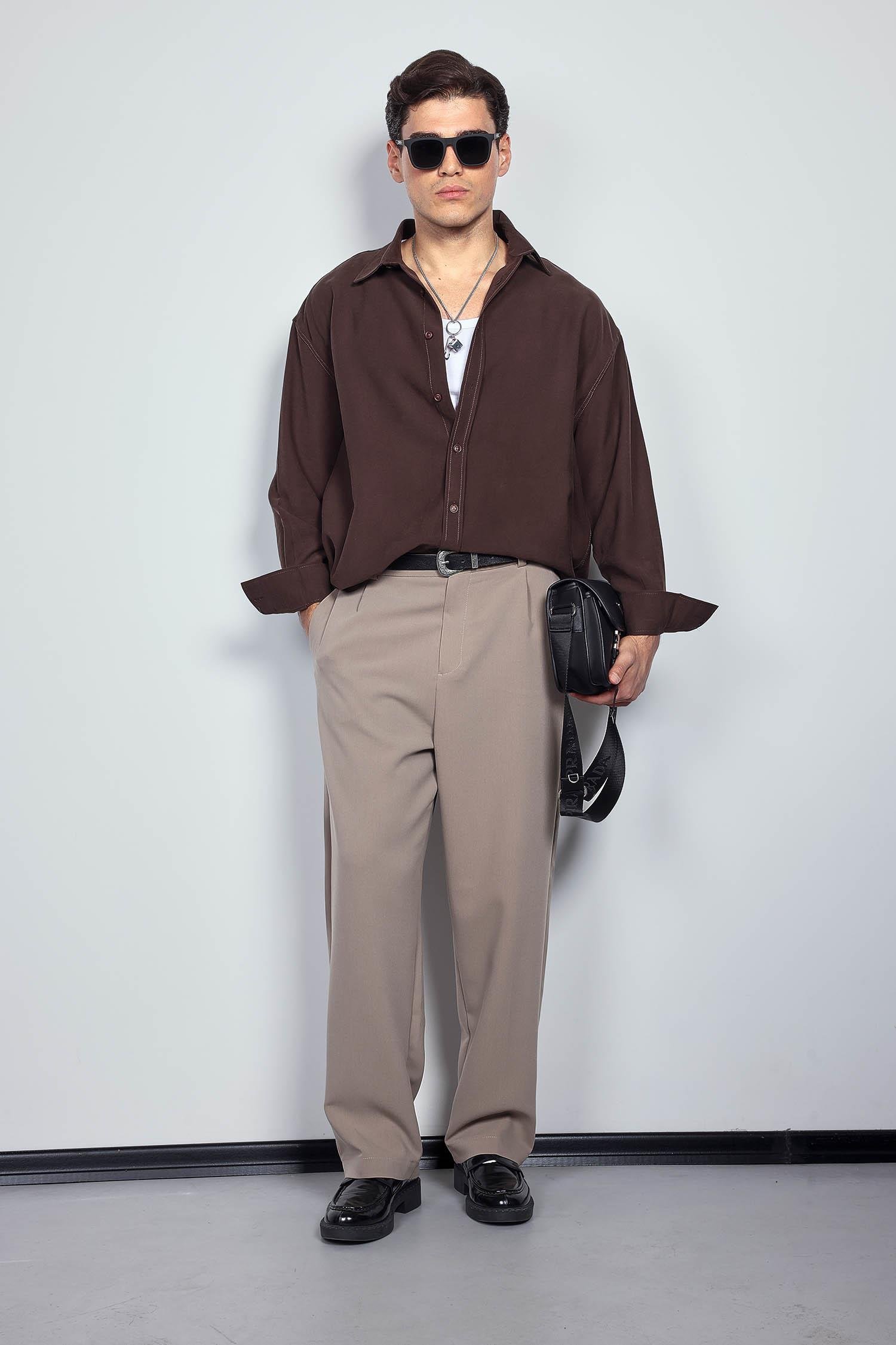 Erkek Baggy Fit Kumaş Pantolon Bej