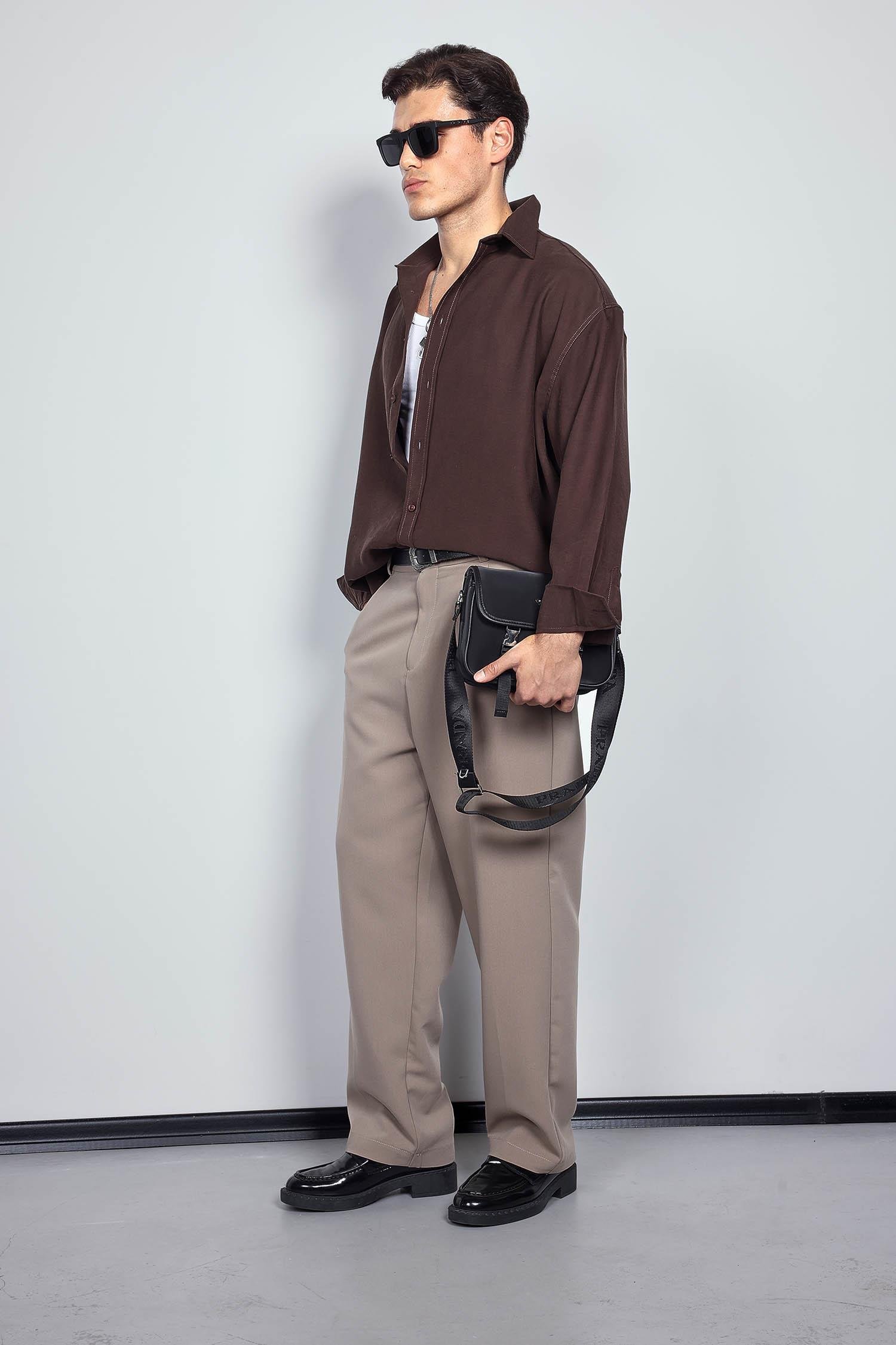 Erkek Baggy Fit Kumaş Pantolon Bej