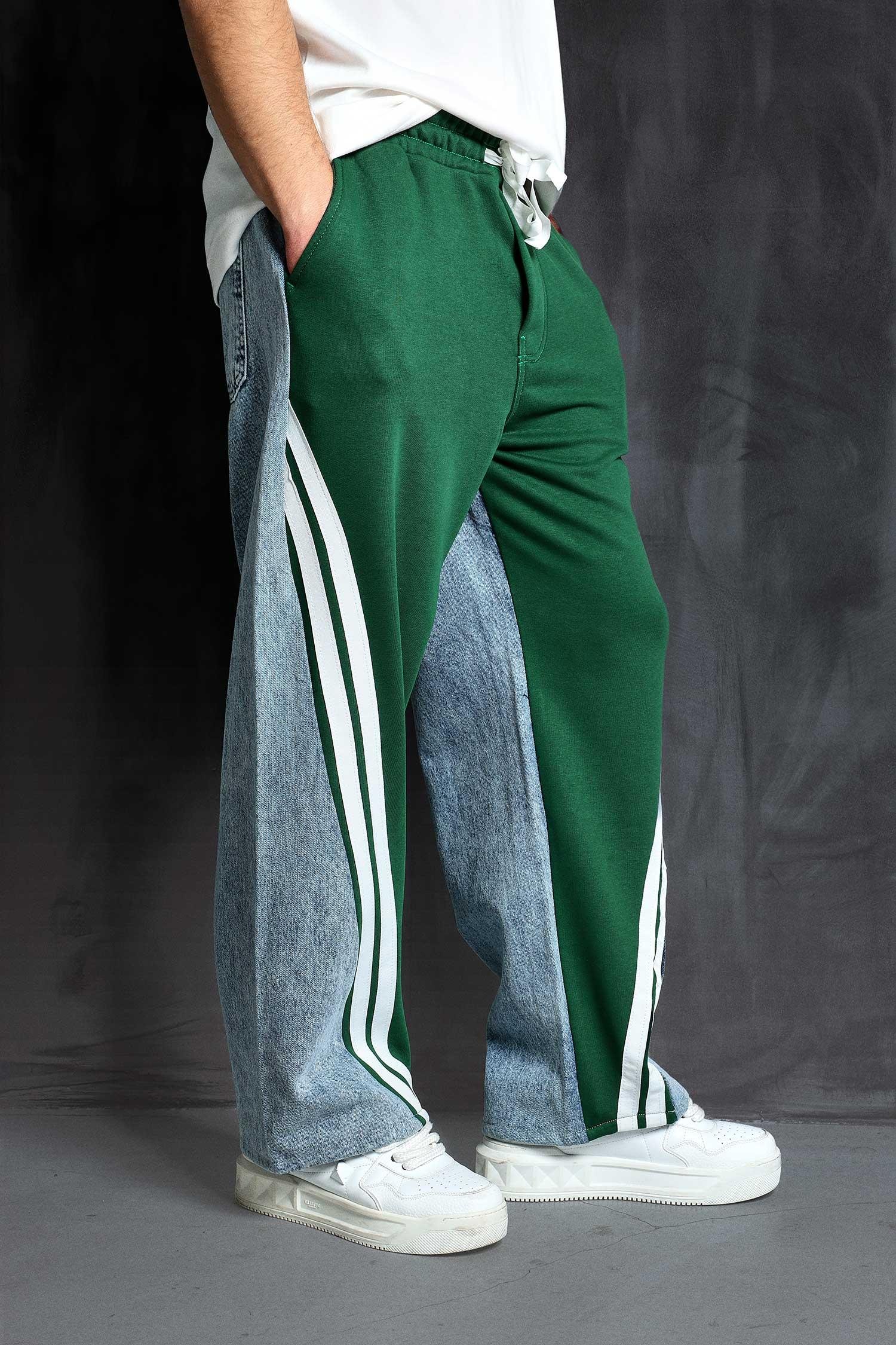 Erkek Baggy Fit Şerit Detaylı Duo Jean Yeşil