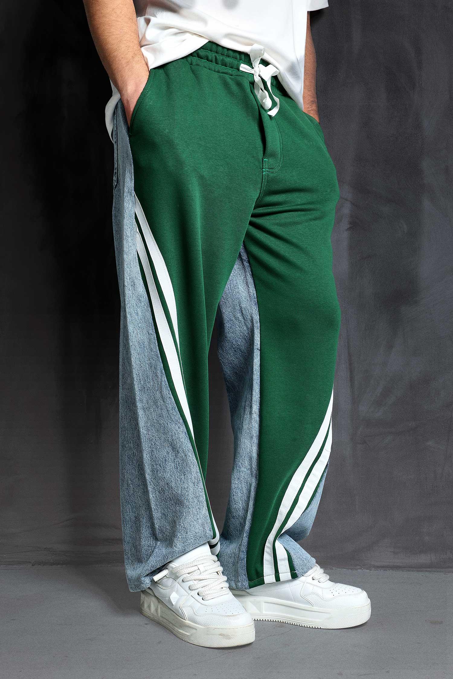 Erkek Baggy Fit Şerit Detaylı Duo Jean Yeşil