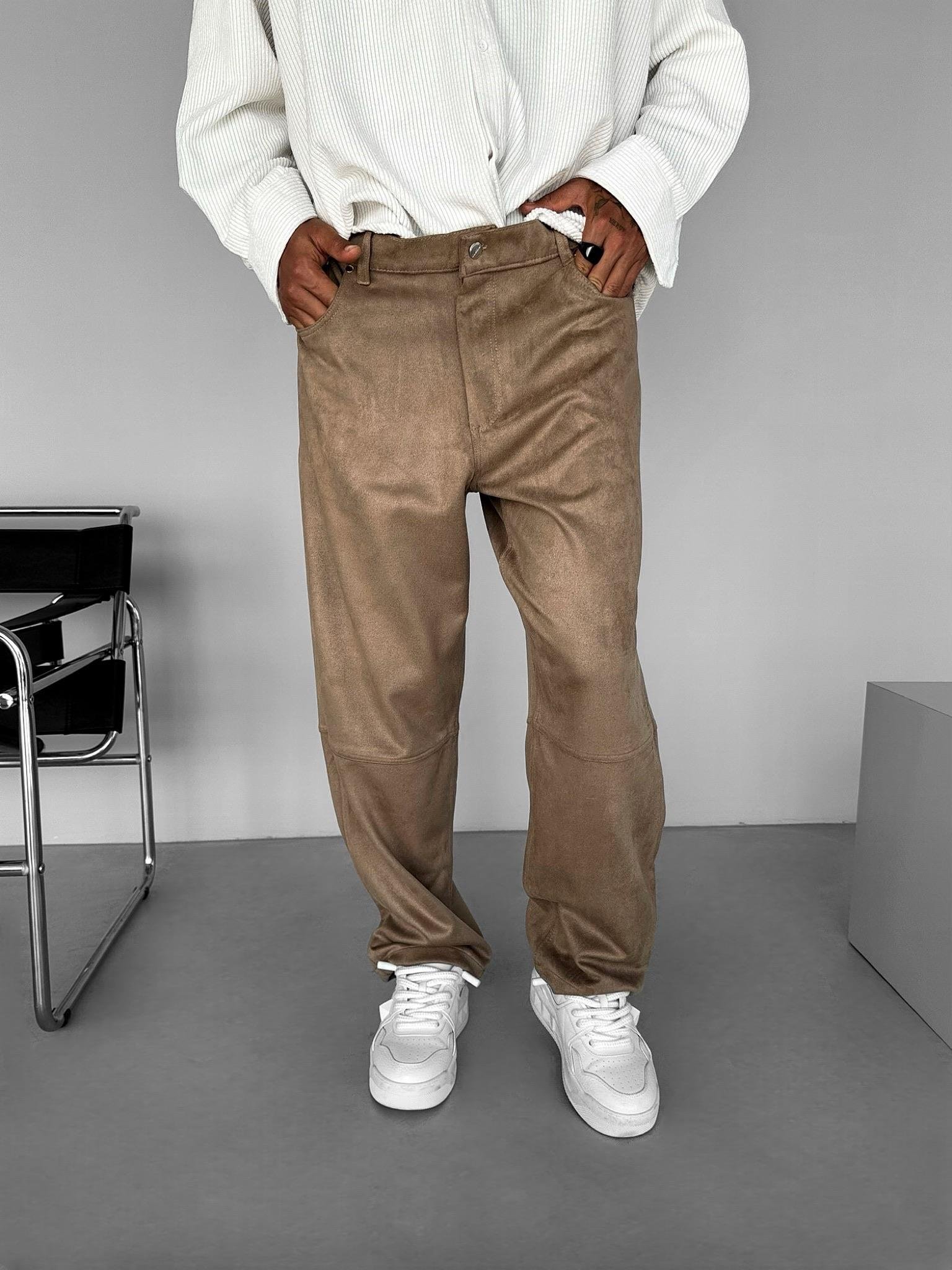 Erkek Baggy Geniş Kalıp Geniş Paça Süet Basic Pantolon Bej