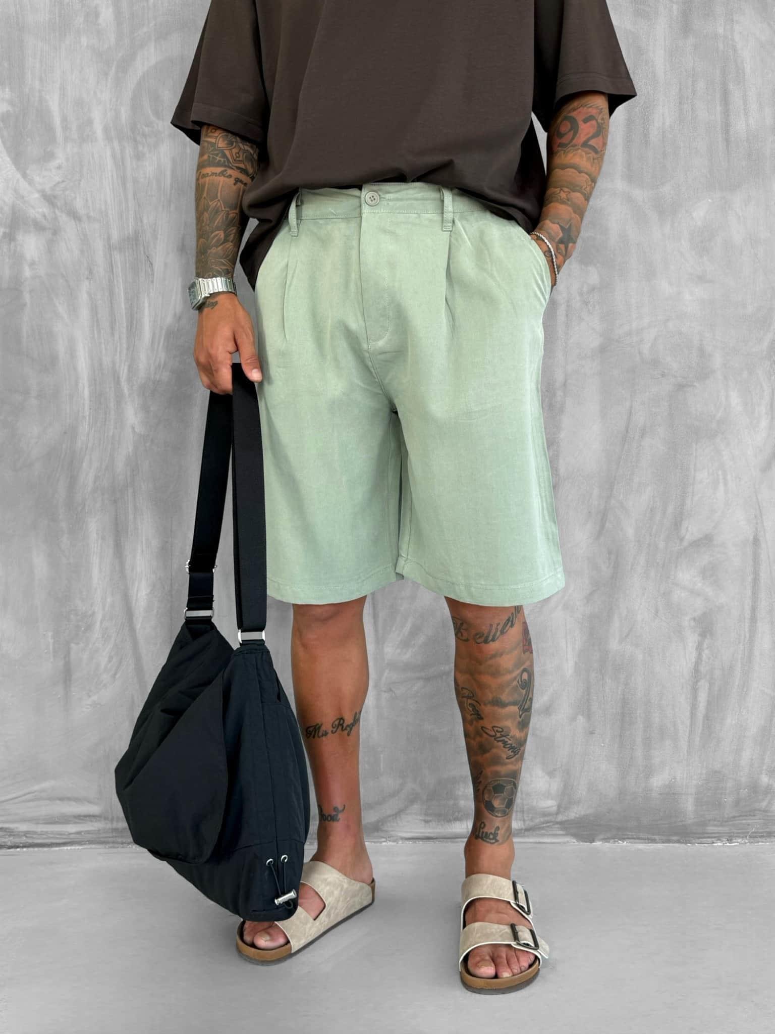 Erkek Baggy Kesim Liyosel Kumaş Şort Haki Yeşil