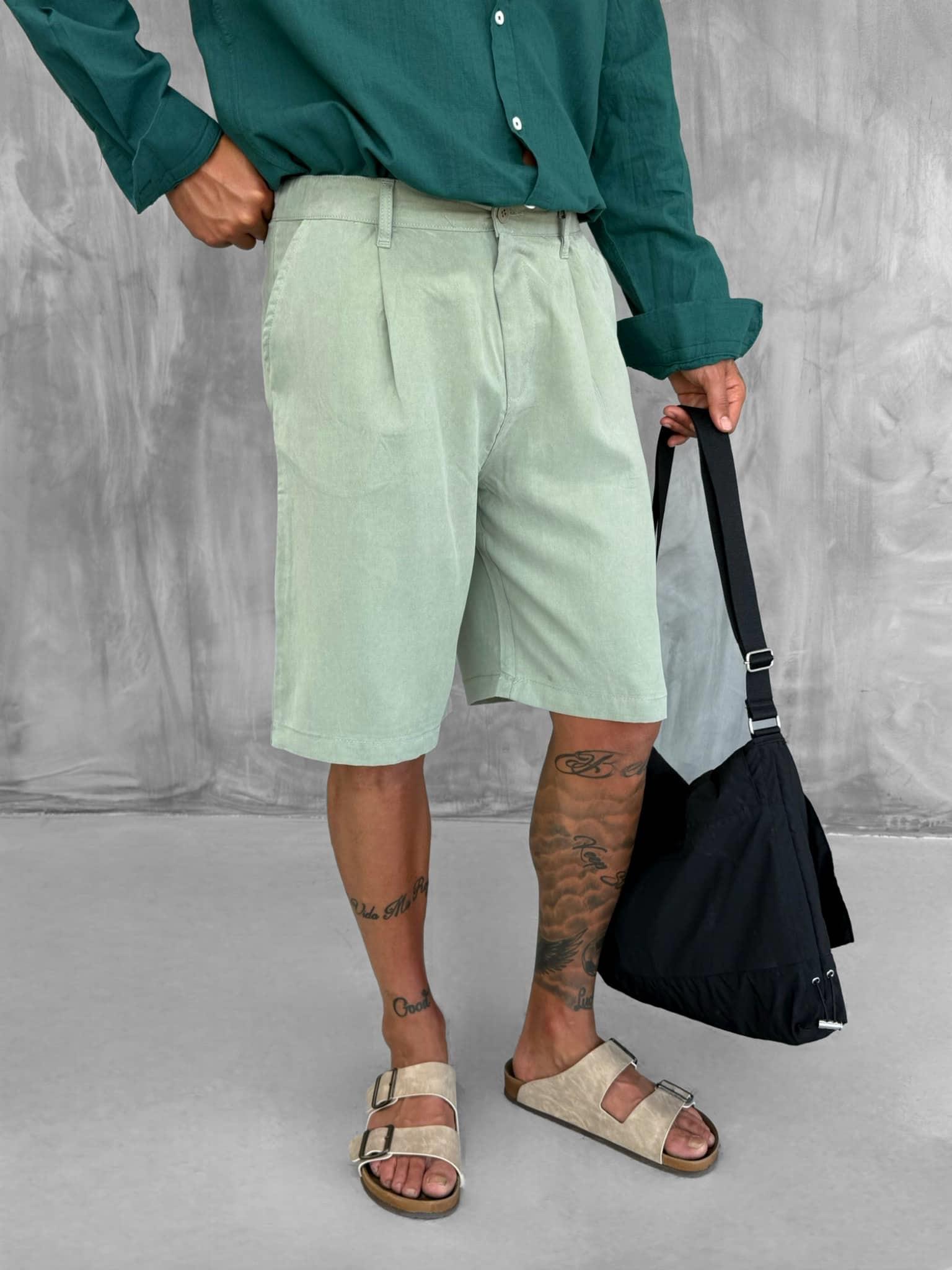 Erkek Baggy Kesim Liyosel Kumaş Şort Haki Yeşil