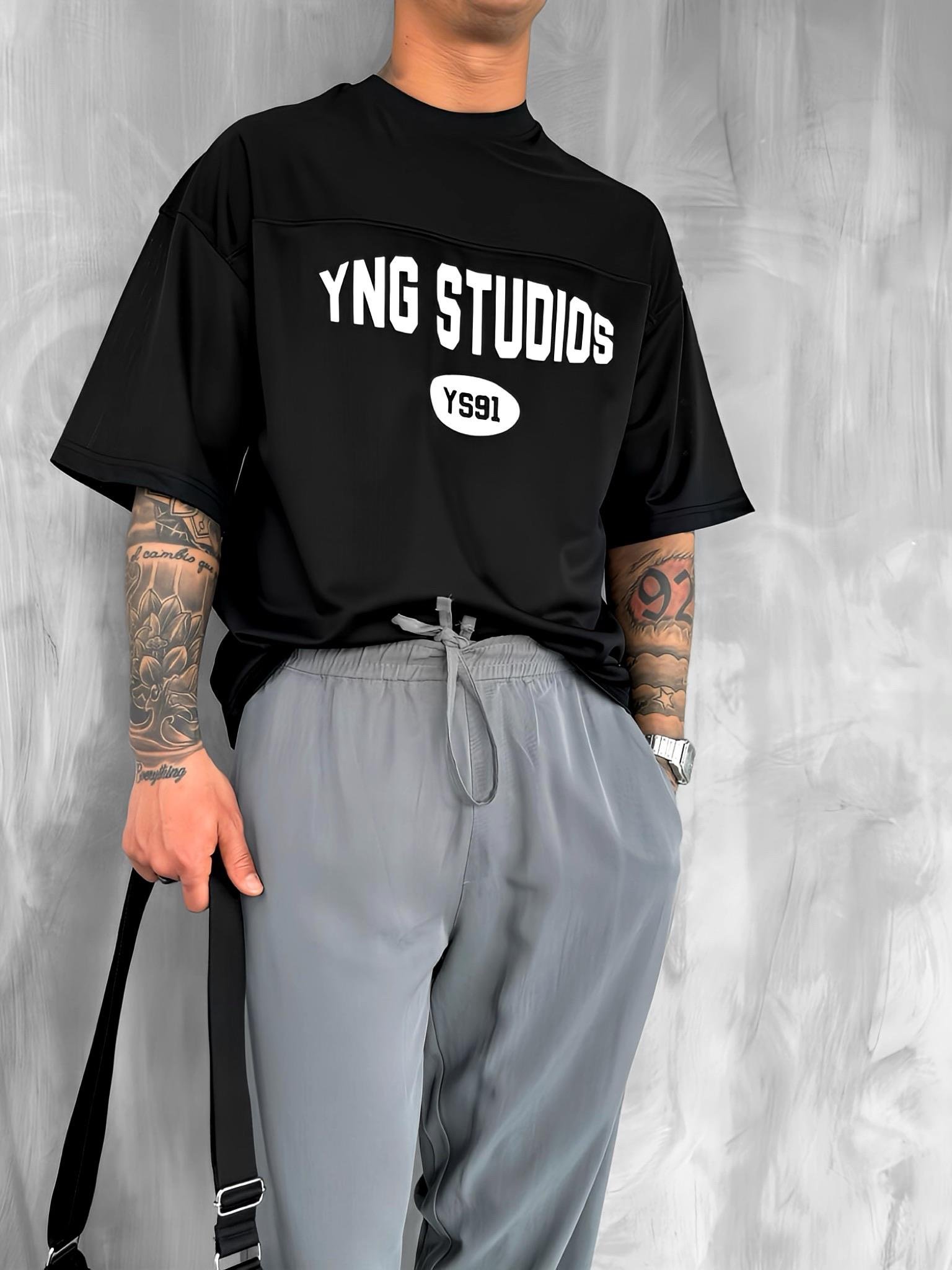 Erkek Baskılı Oversize Forma Kumaş T-Shirt Siyah