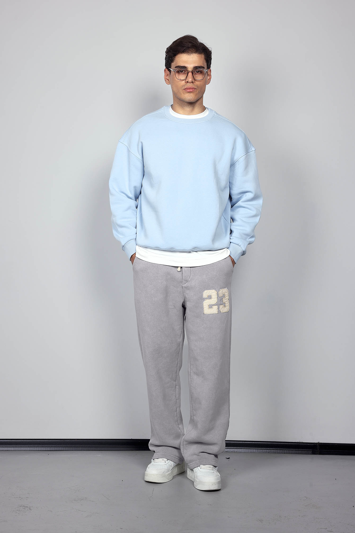 Erkek Baskılı Yıkamalı Baggy Fit Eşofman Gri