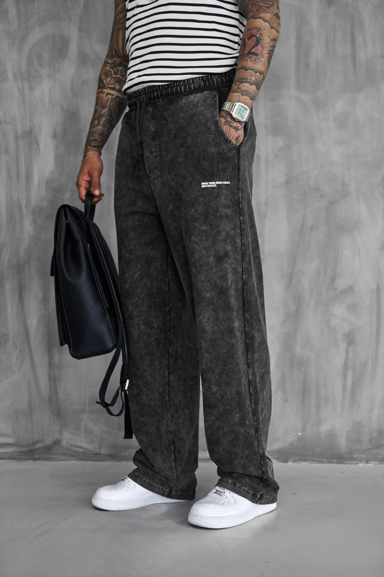 Erkek Baskılı Yıkamalı Baggy Fit Eşofman Siyah