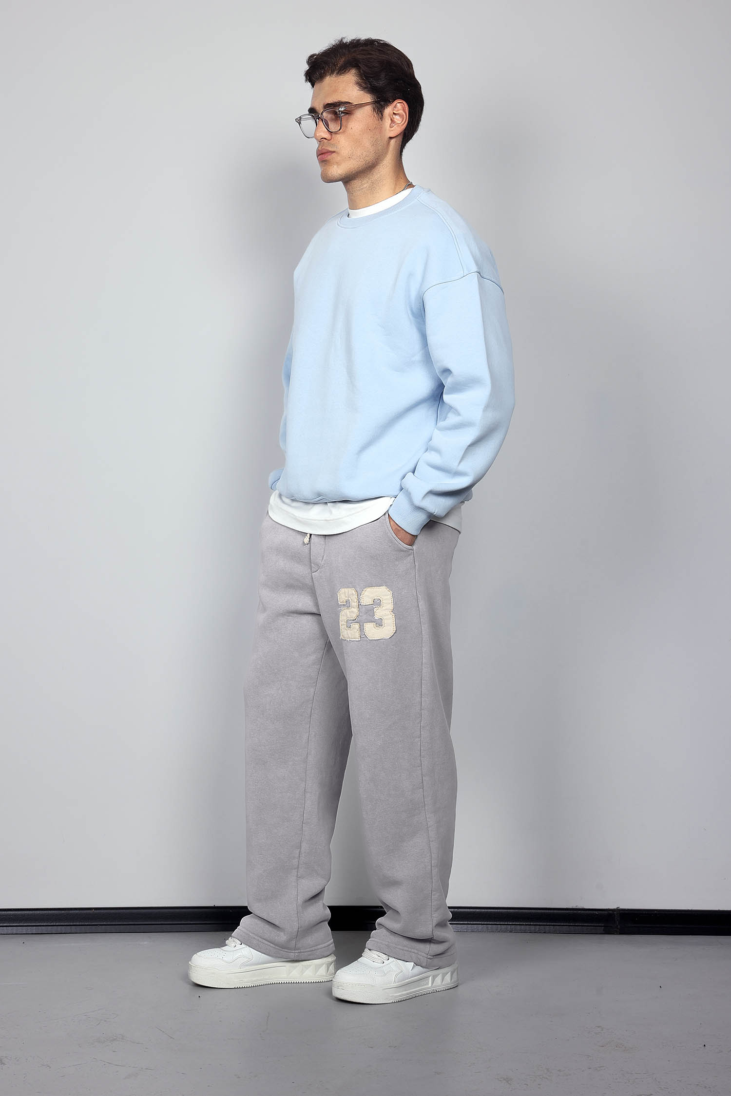 Erkek Baskılı Yıkamalı Baggy Fit Eşofman Gri