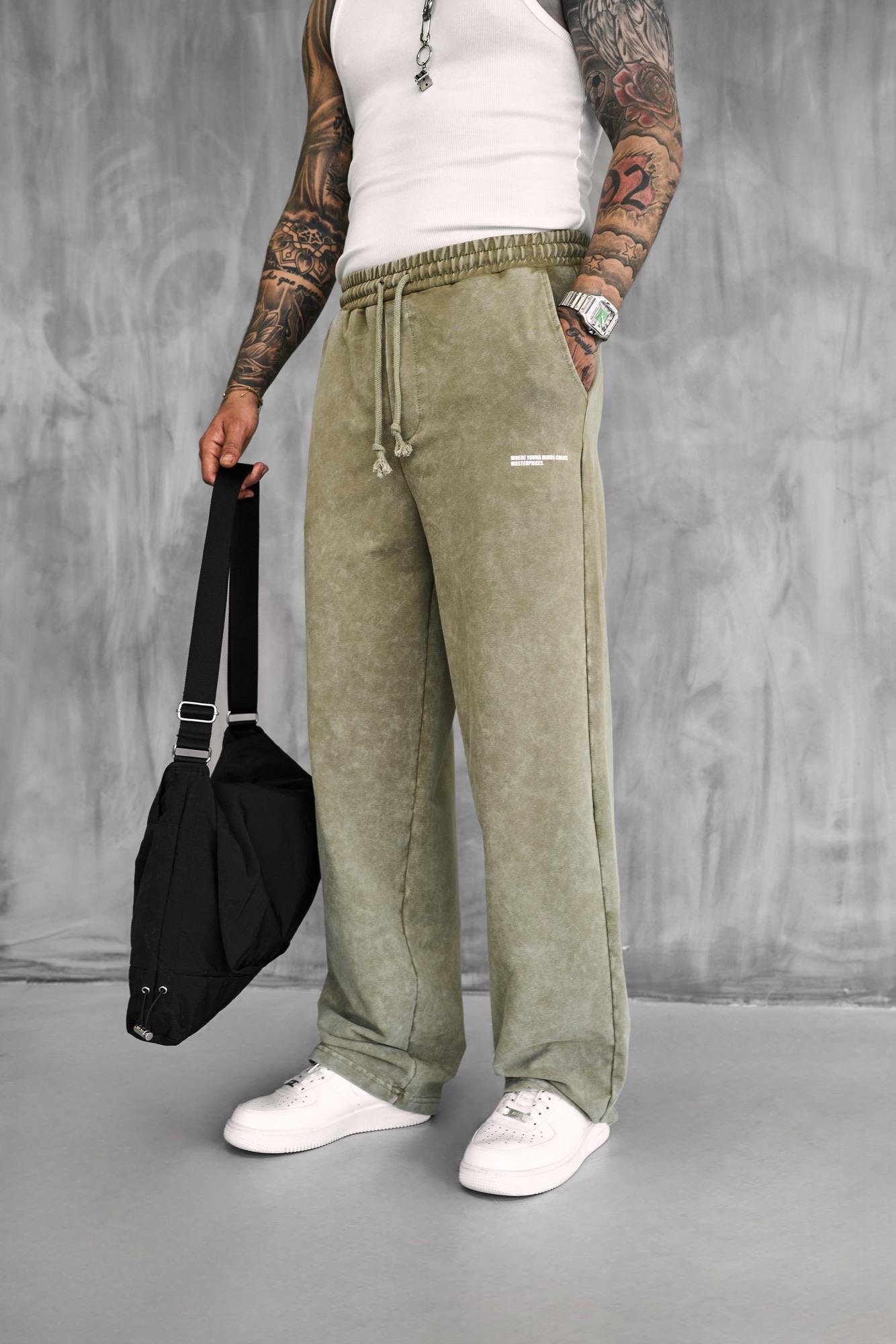 Erkek Baskılı Yıkamalı Baggy Fit Eşofman Haki