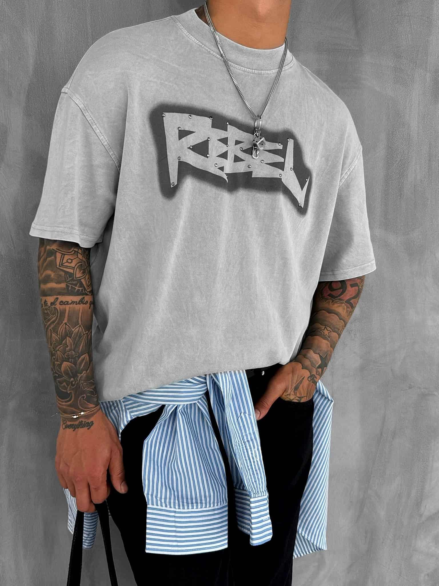 Erkek Baskılı Yıkamalı Oversize T-Shirt Gri