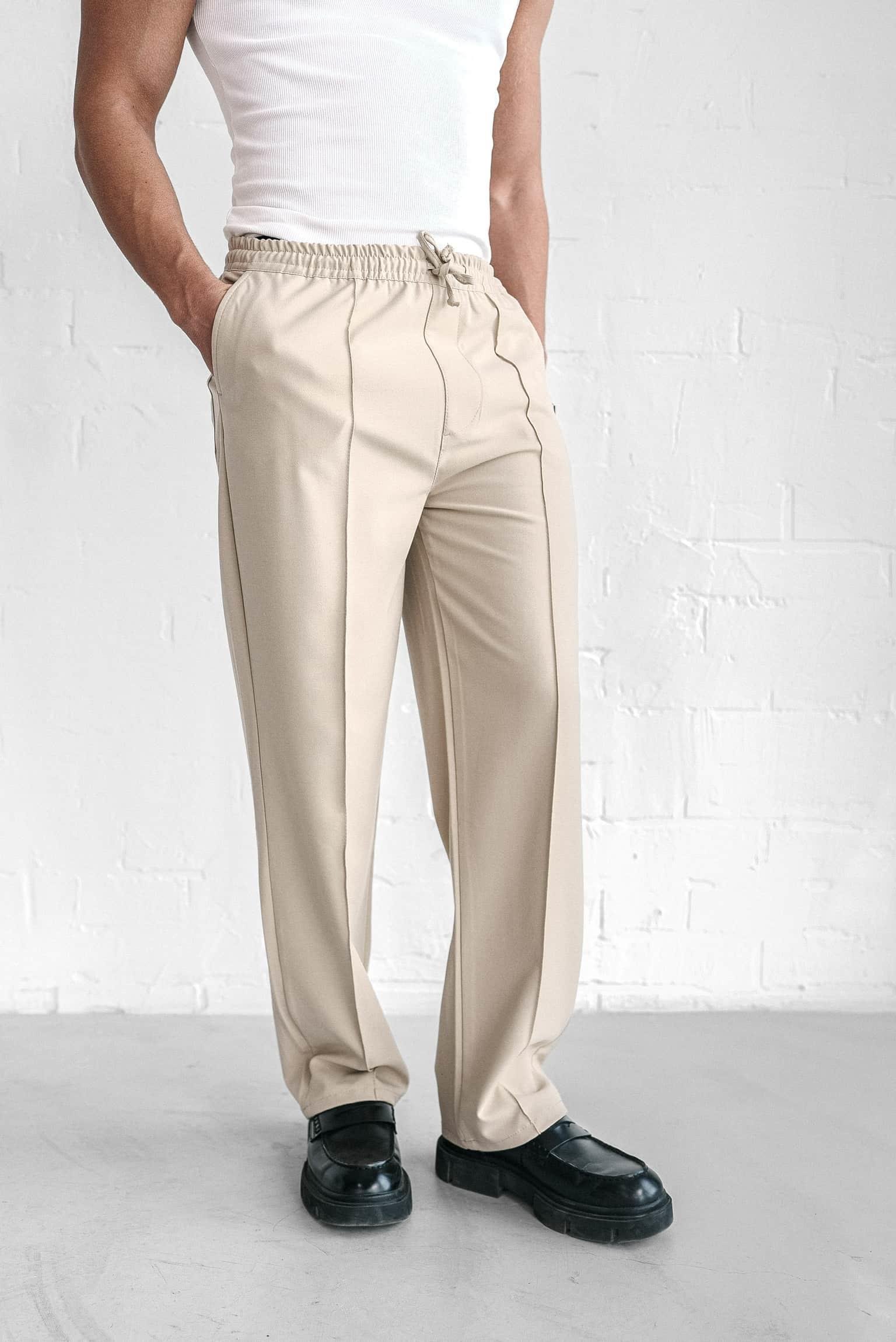 Erkek Beli Lastikli Baggy Pantolon Krem