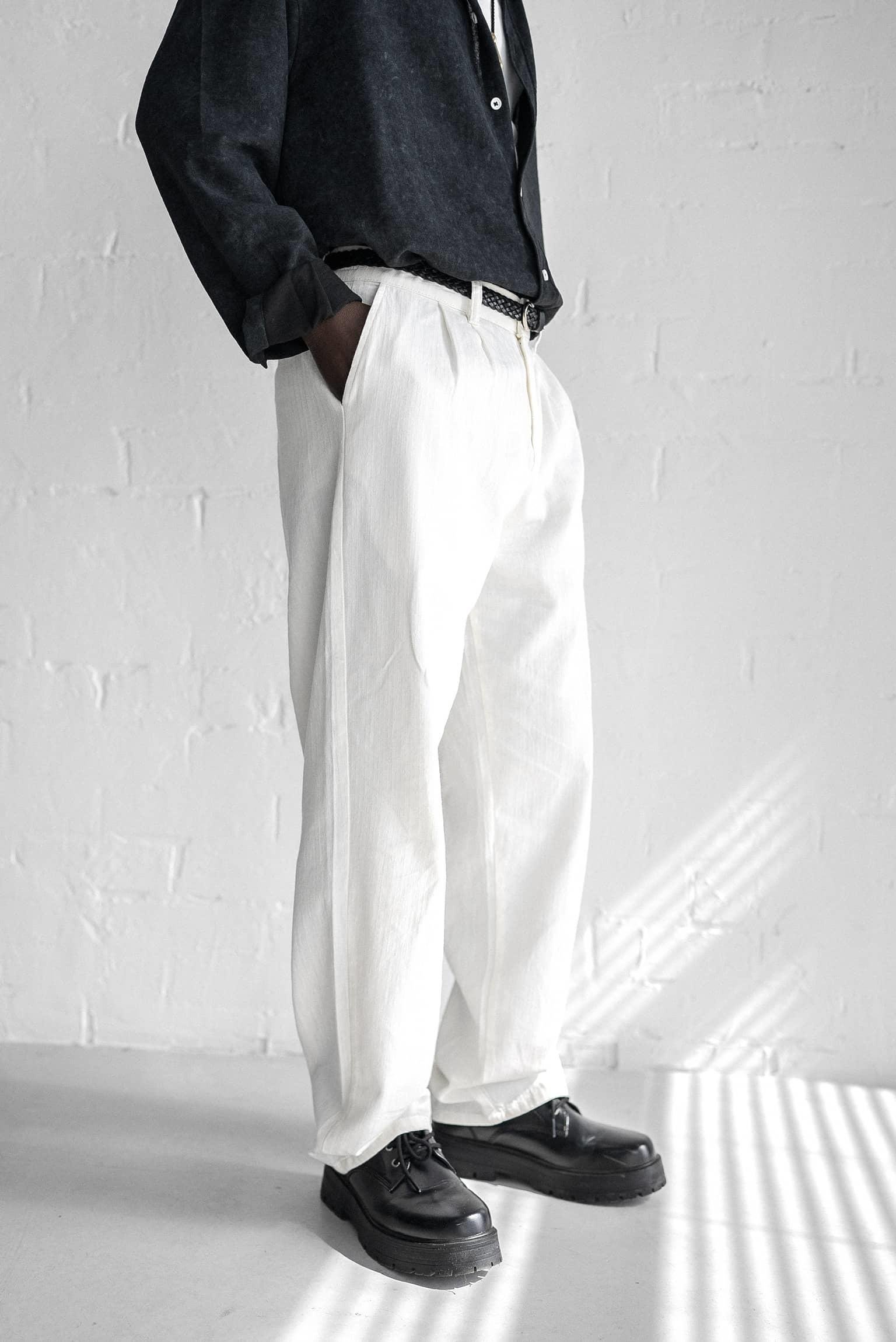 Erkek Beli Lastikli Desenli Baggy Pantolon Beyaz