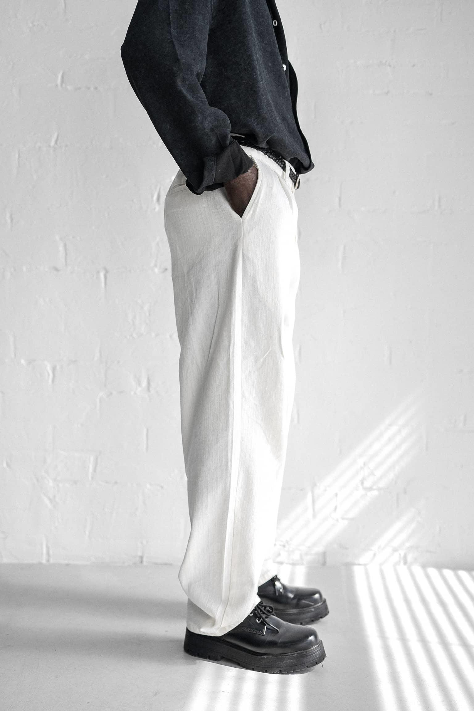 Erkek Beli Lastikli Desenli Baggy Pantolon Beyaz