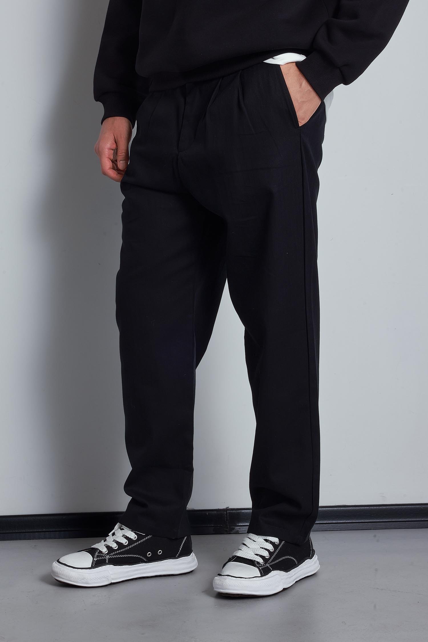 Erkek Beli Lastikli Desenli Baggy Pantolon Siyah