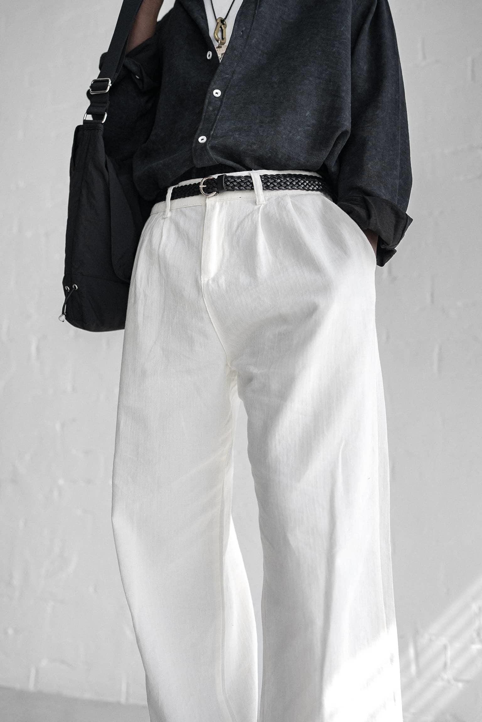 Erkek Beli Lastikli Desenli Baggy Pantolon Beyaz