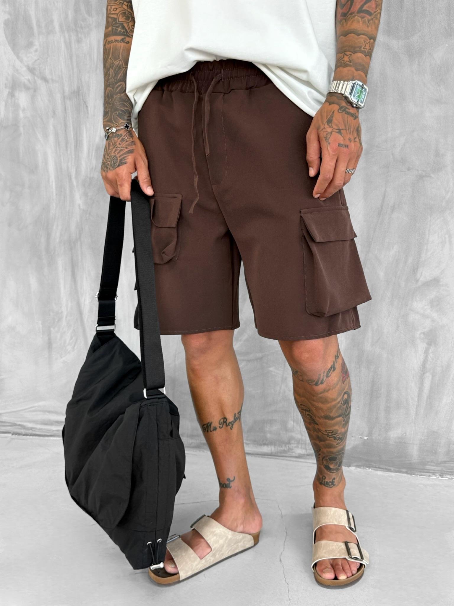 Erkek Beli Lastikli Kargo Cepli Oversize Şort Kahve