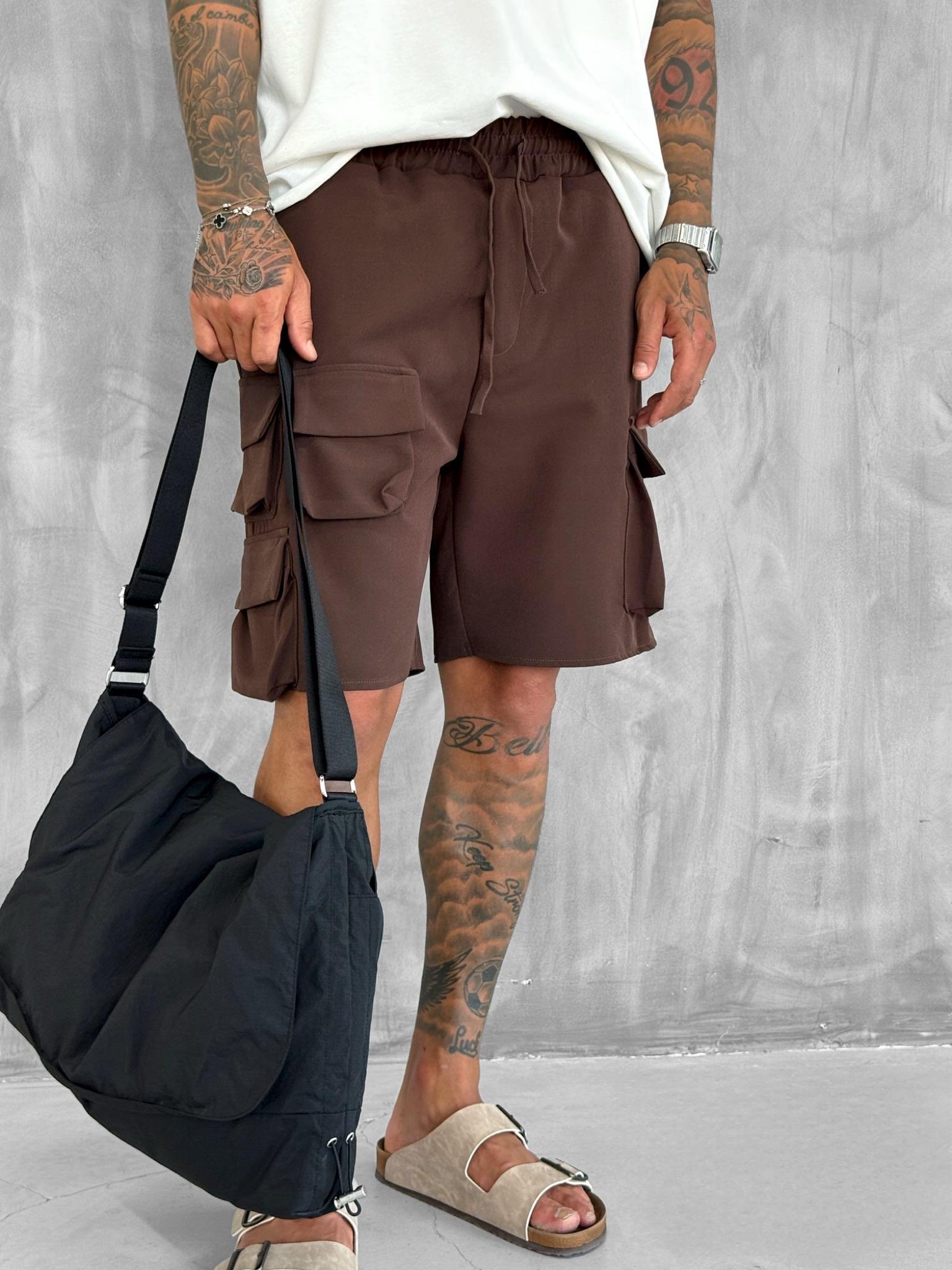Erkek Beli Lastikli Kargo Cepli Oversize Şort Kahve