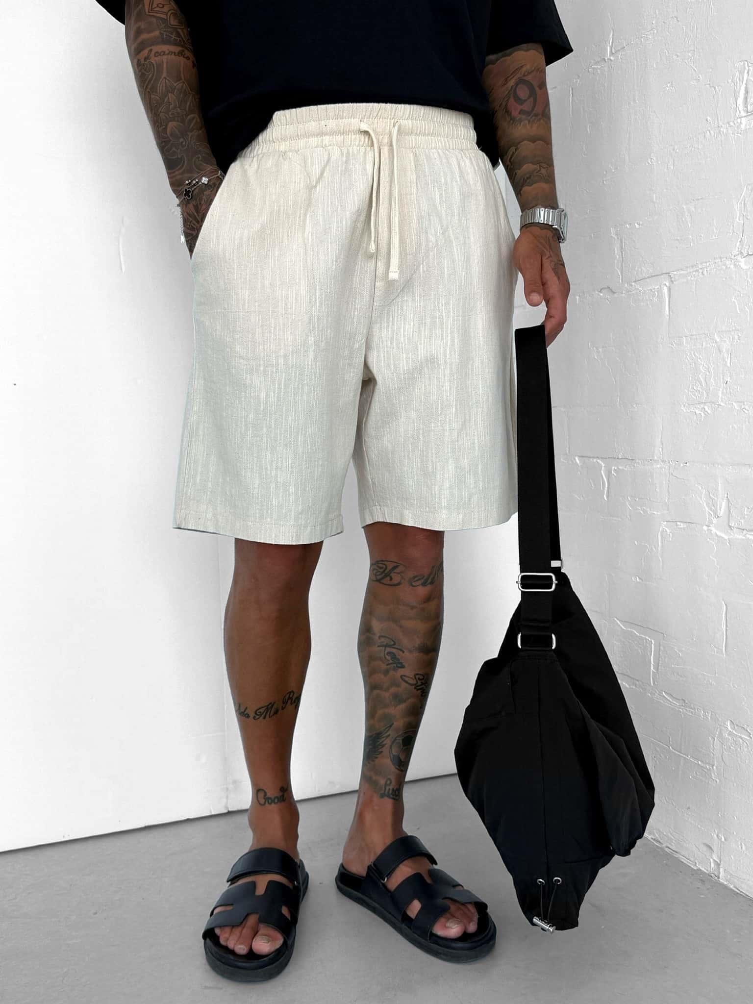 Erkek Beli Lastikli Keten Görünümlü Baggy Şort Bej