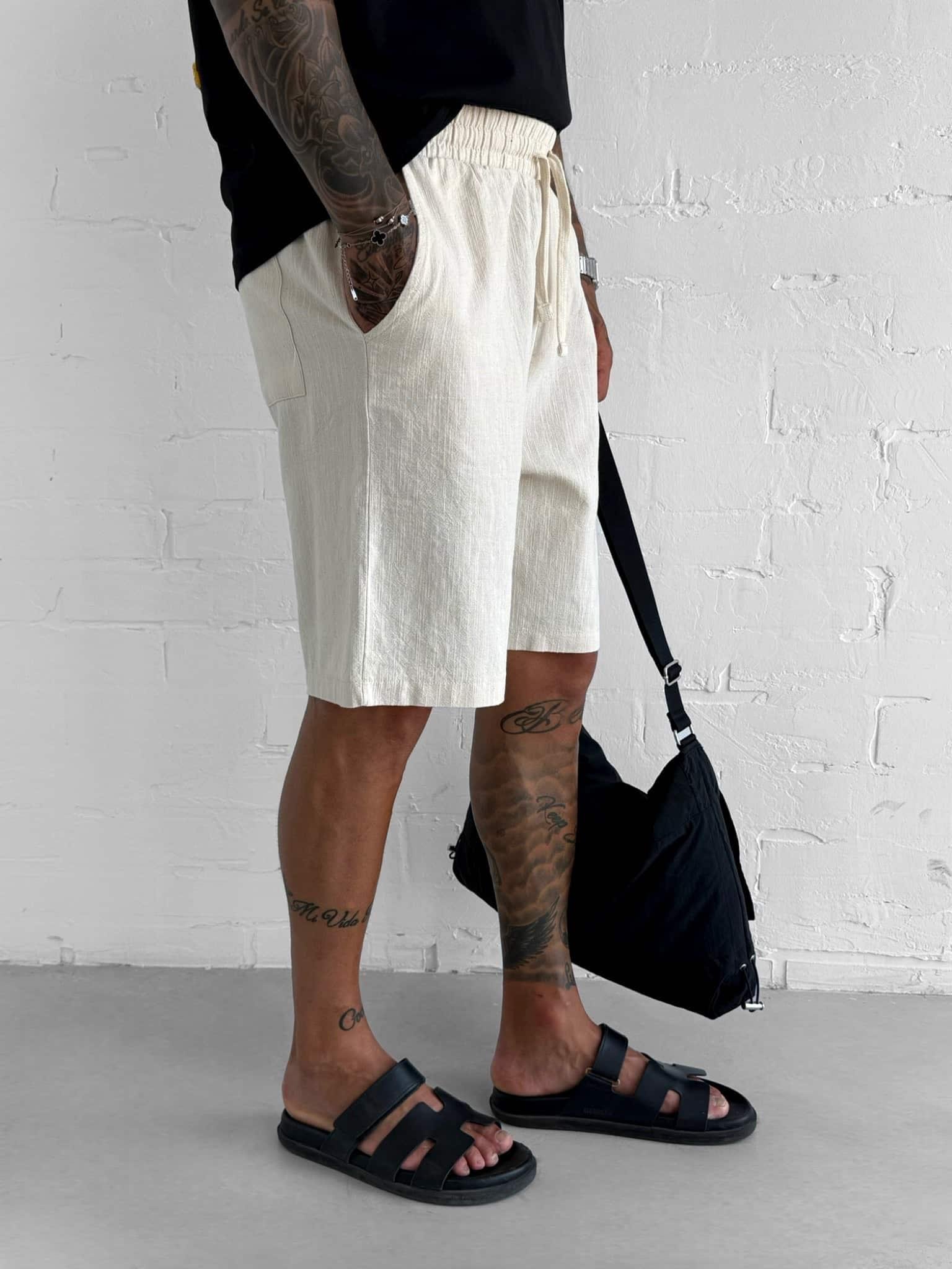 Erkek Beli Lastikli Keten Görünümlü Baggy Şort Bej