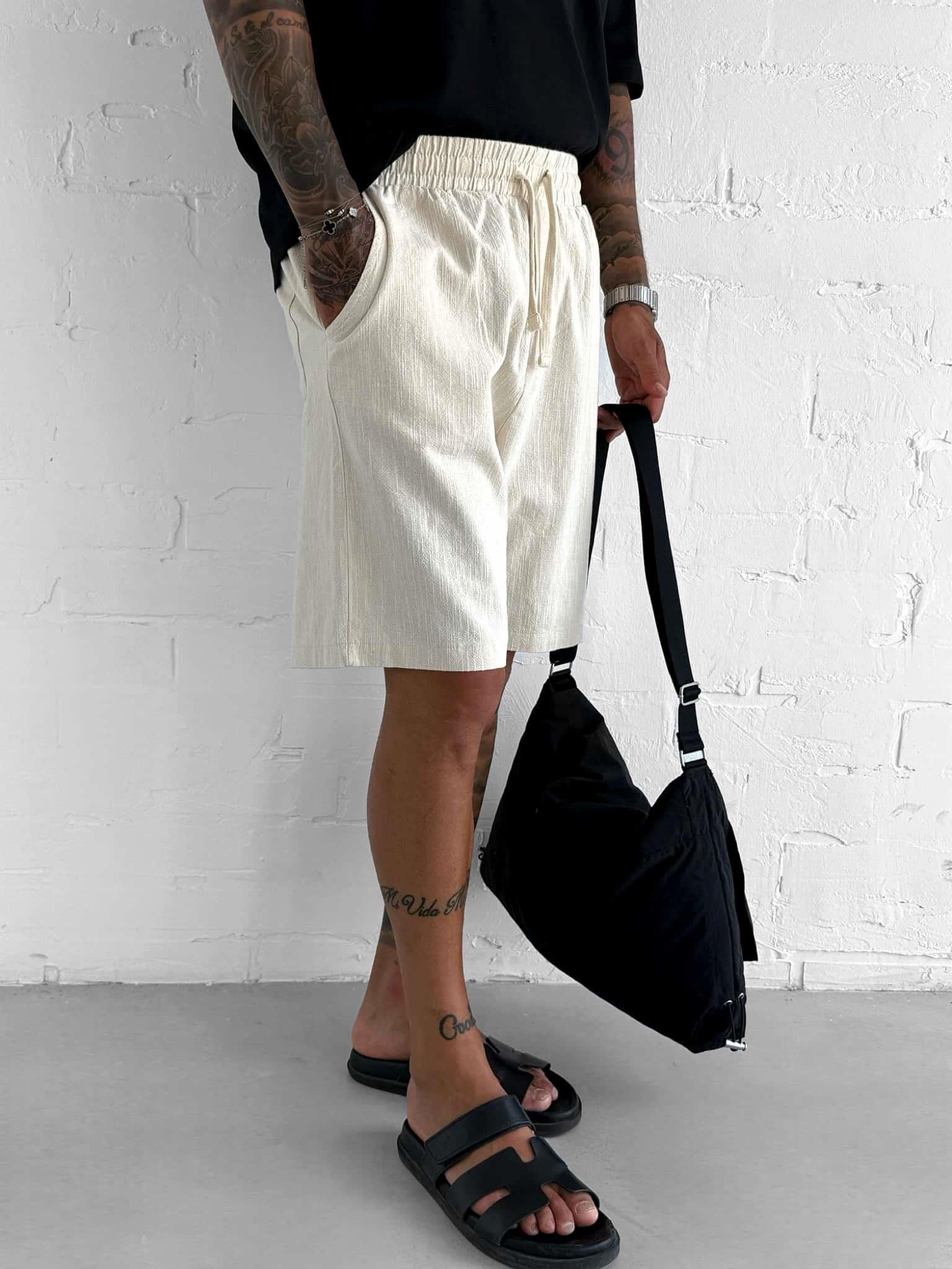 Erkek Beli Lastikli Keten Görünümlü Baggy Şort Bej