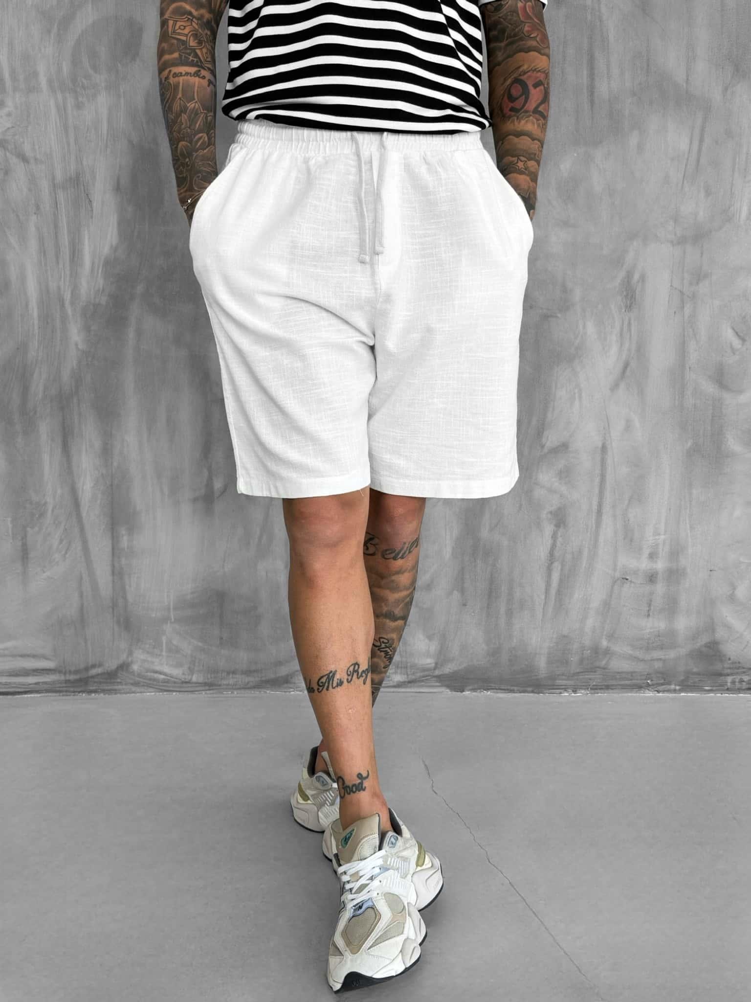 Erkek Beli Lastikli Keten Görünümlü Baggy Şort Ekru