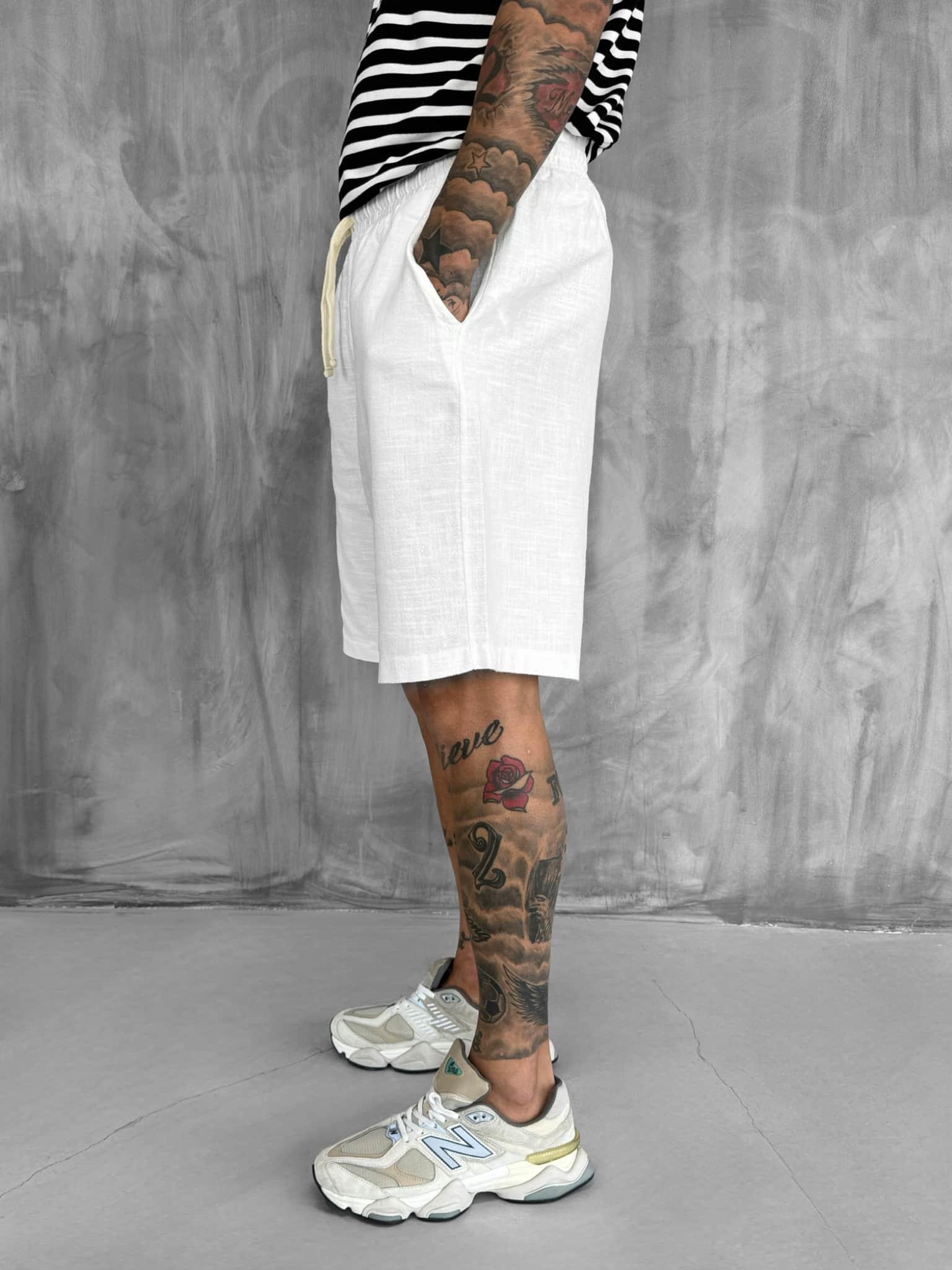 Erkek Beli Lastikli Keten Görünümlü Baggy Şort Ekru