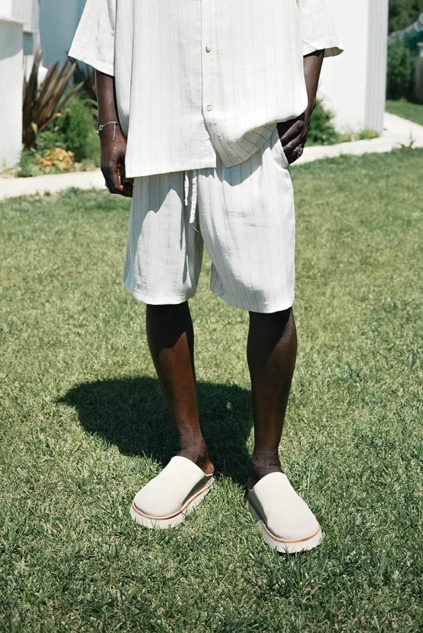 Erkek Beli Lastikli Keten Görünümlü Çizgili Baggy Şort Bej