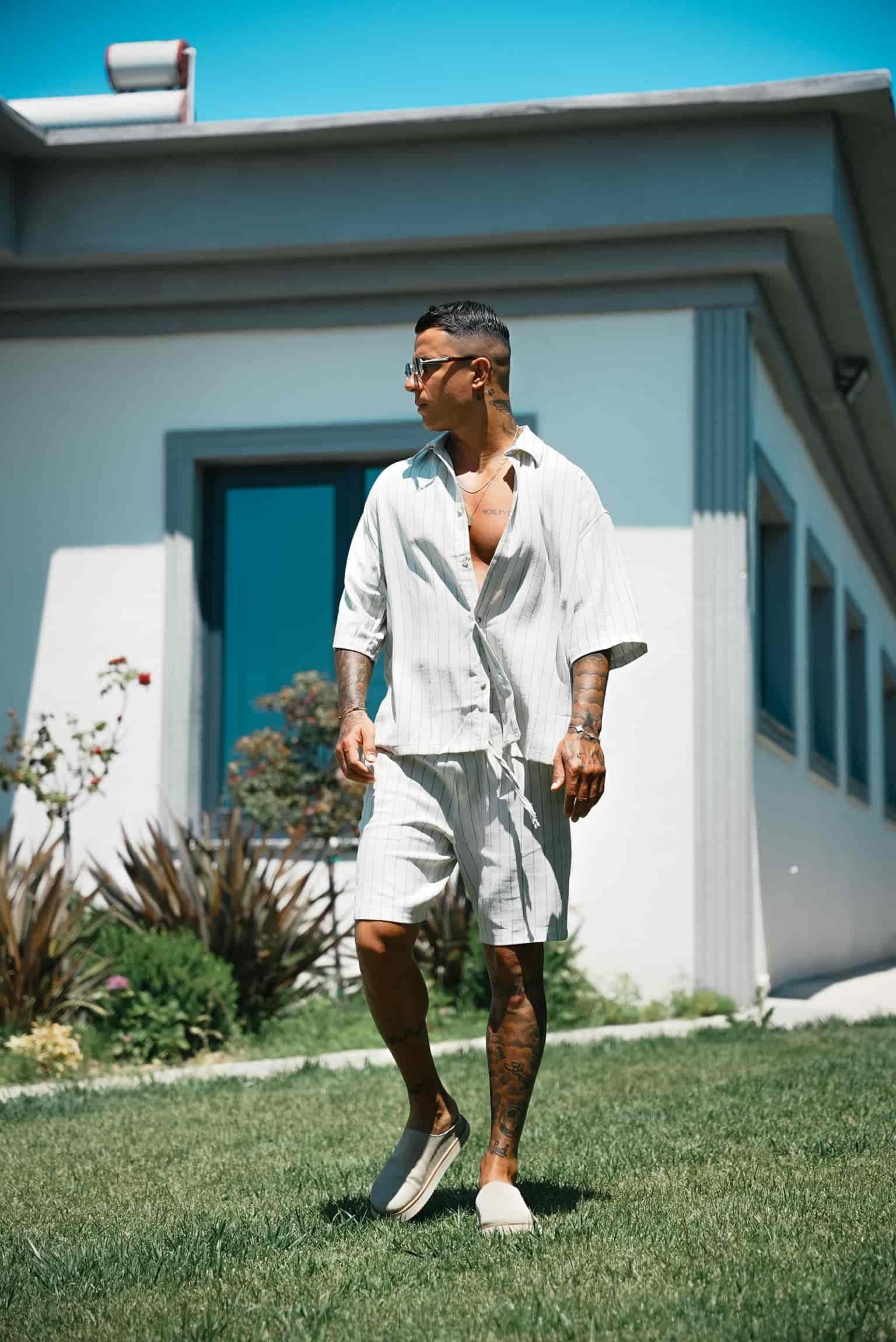 Erkek Beli Lastikli Keten Görünümlü Çizgili Baggy Şort Mavi