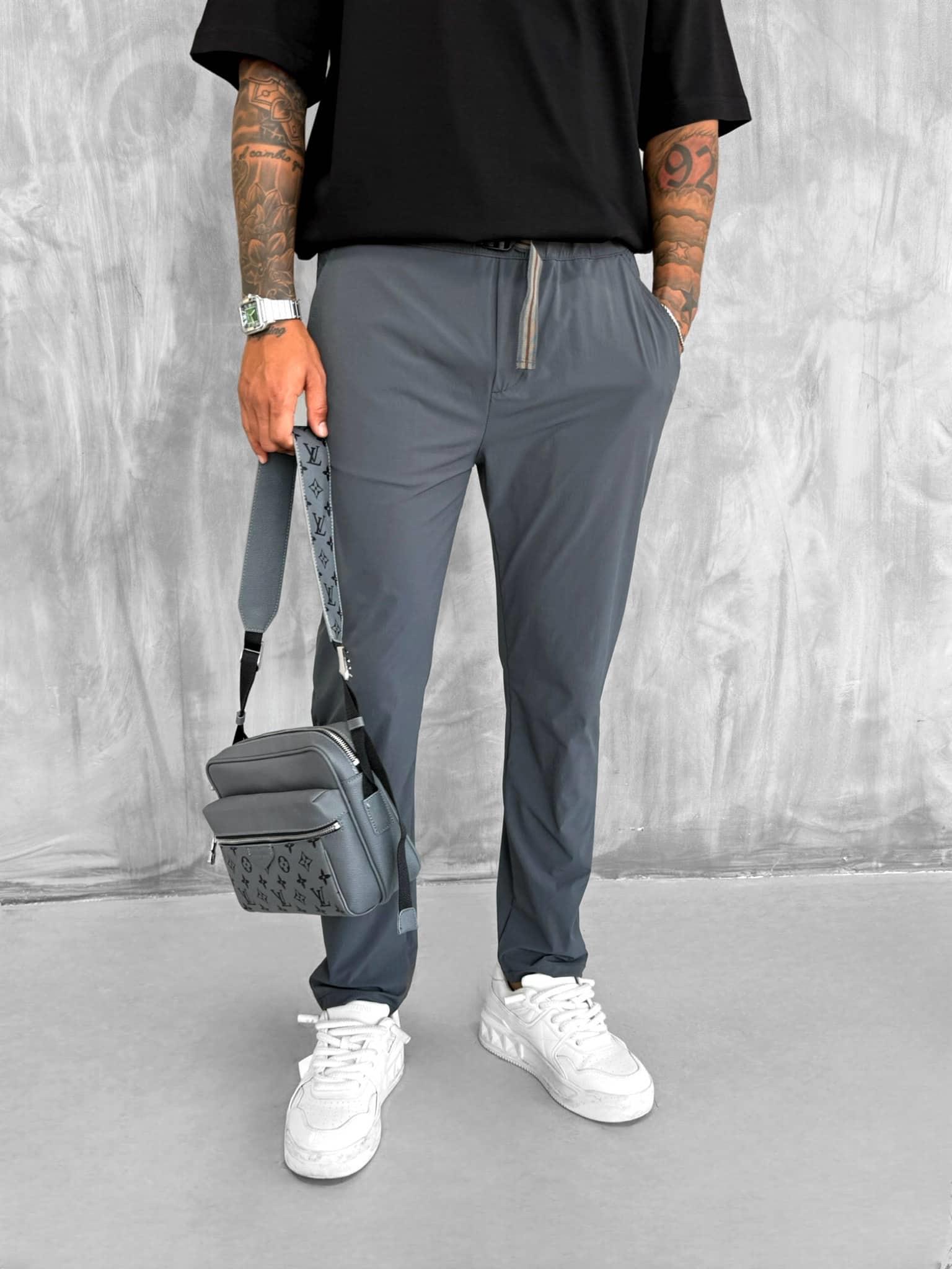 Erkek Beli Lastikli Paraşüt Kumaş Slim Fit Pantolon Füme